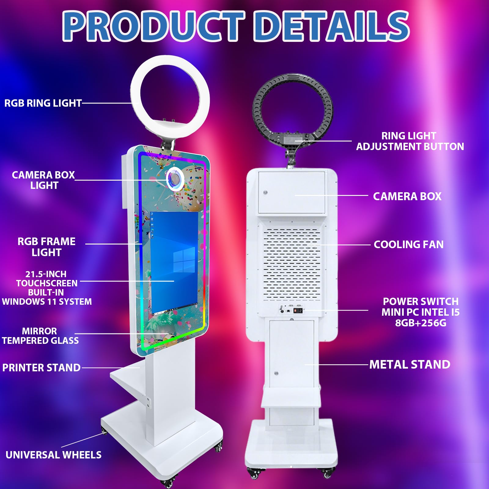 Cabina de fotos con espejo mágico de 45 pulgadas con pantalla táctil de 21.5 pulgadas, máquina de fotomatón de espejo selfie con anillo de luz RGB y funda de vuelo, cabina de fotos DSLR portátil para