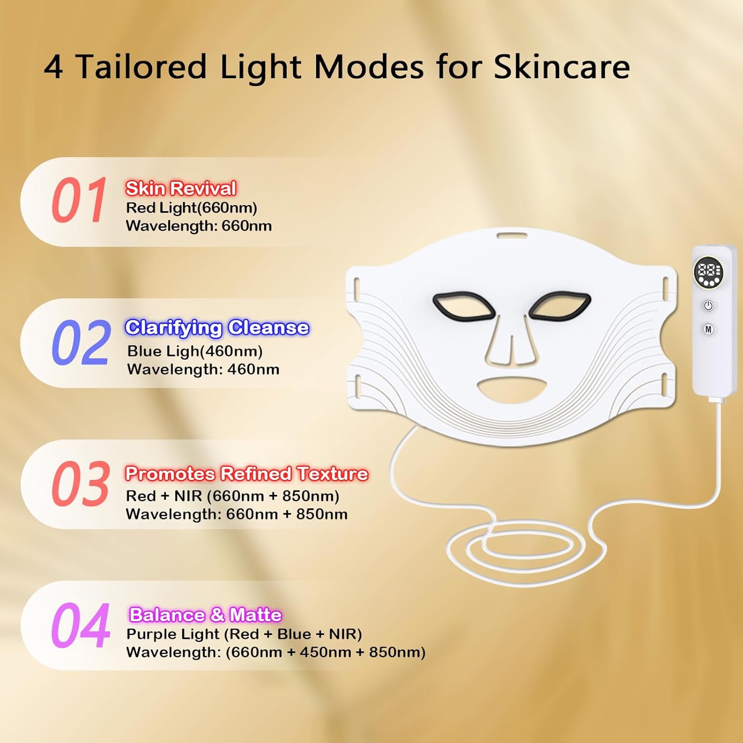 850nm Near Infrared Red Light Face Mask, LED Face Mask for Anti Aging & Clear Skin, 4 Light Modes with Wired Remote for At Home Use