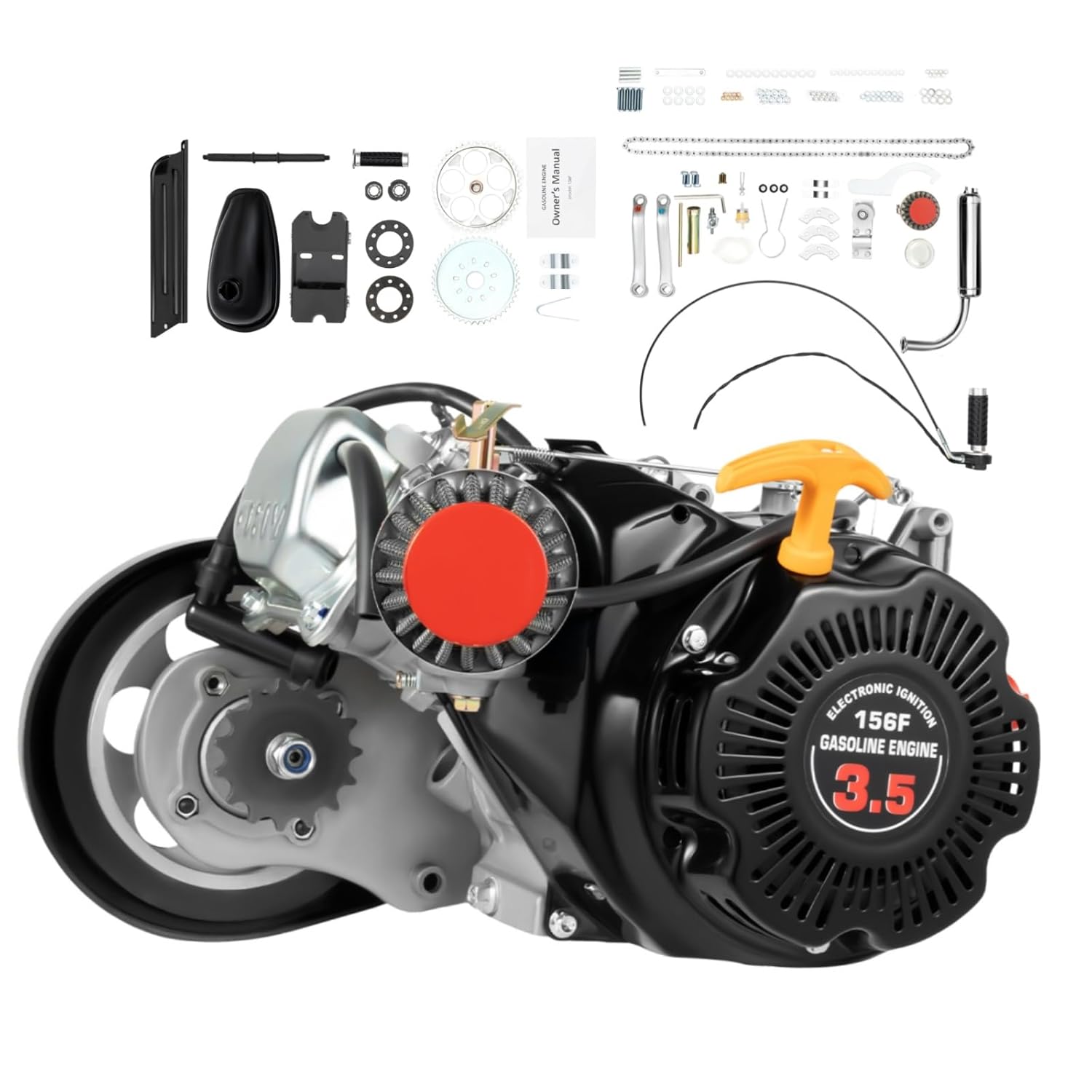 100CC 4-Stroke Gasoline Engine Kit, 3.5HP Bicycle Engine Kit, Hand Start Gas Engine with Chain Drive OHV Air-Cooling for Large Triangular Empty Frames & Motorized Motor Bike Modification