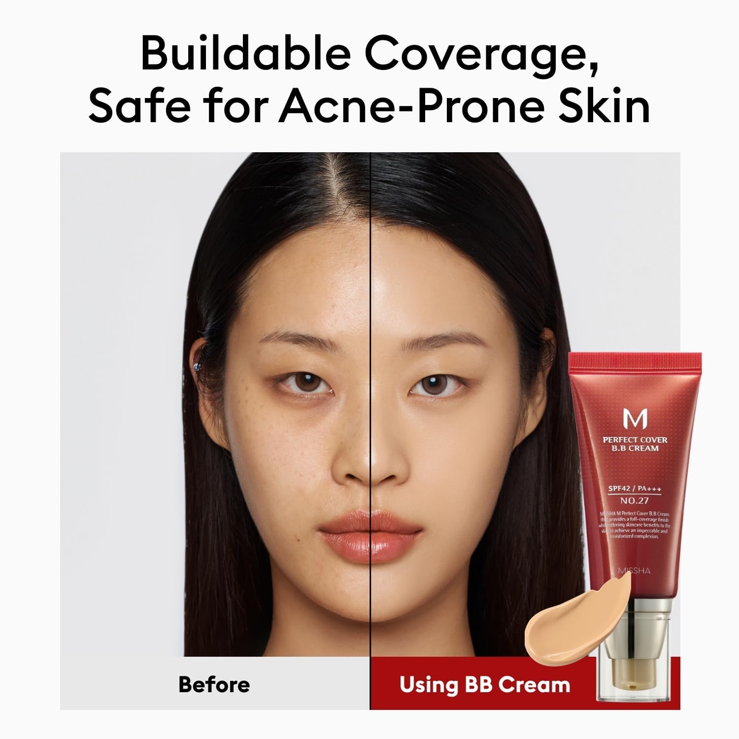 MISSHA M Perfect Cover BB Cream N.º 27 Honey Beige - Tono medio con subtono neutro/cálido SPF 42 PA+++ 50 ml - Crema hidratante con color para el rostro con protección solar