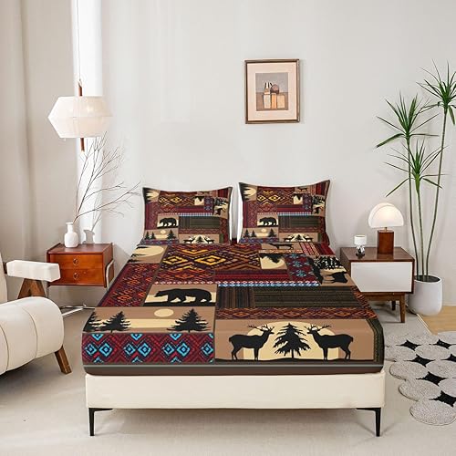 Miniatura 4 de Juego de ropa de cama de ciervo, alce y oso, tamaño Queen, diseño azteca occidental, juego de sábanas rústicas para adolescentes y hombres, sábana