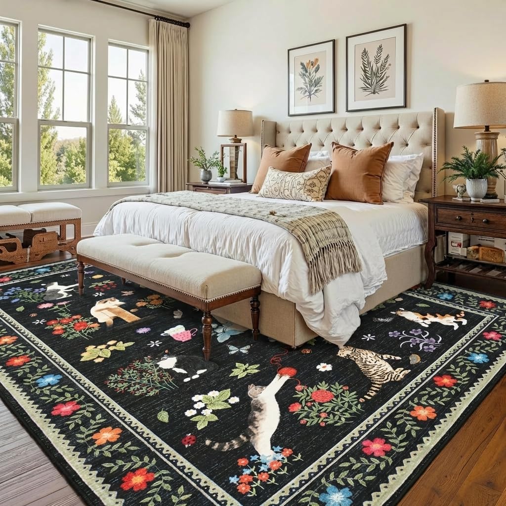 Garvee 9x12 Large Vintage Floral Rug for Living Room Washable Area Rugs for Kids Room, Non Slip Non Shedding Boho Animal Print Rug Stain Resistant Mats for Bedroom, Dining Room, Nursery, Black