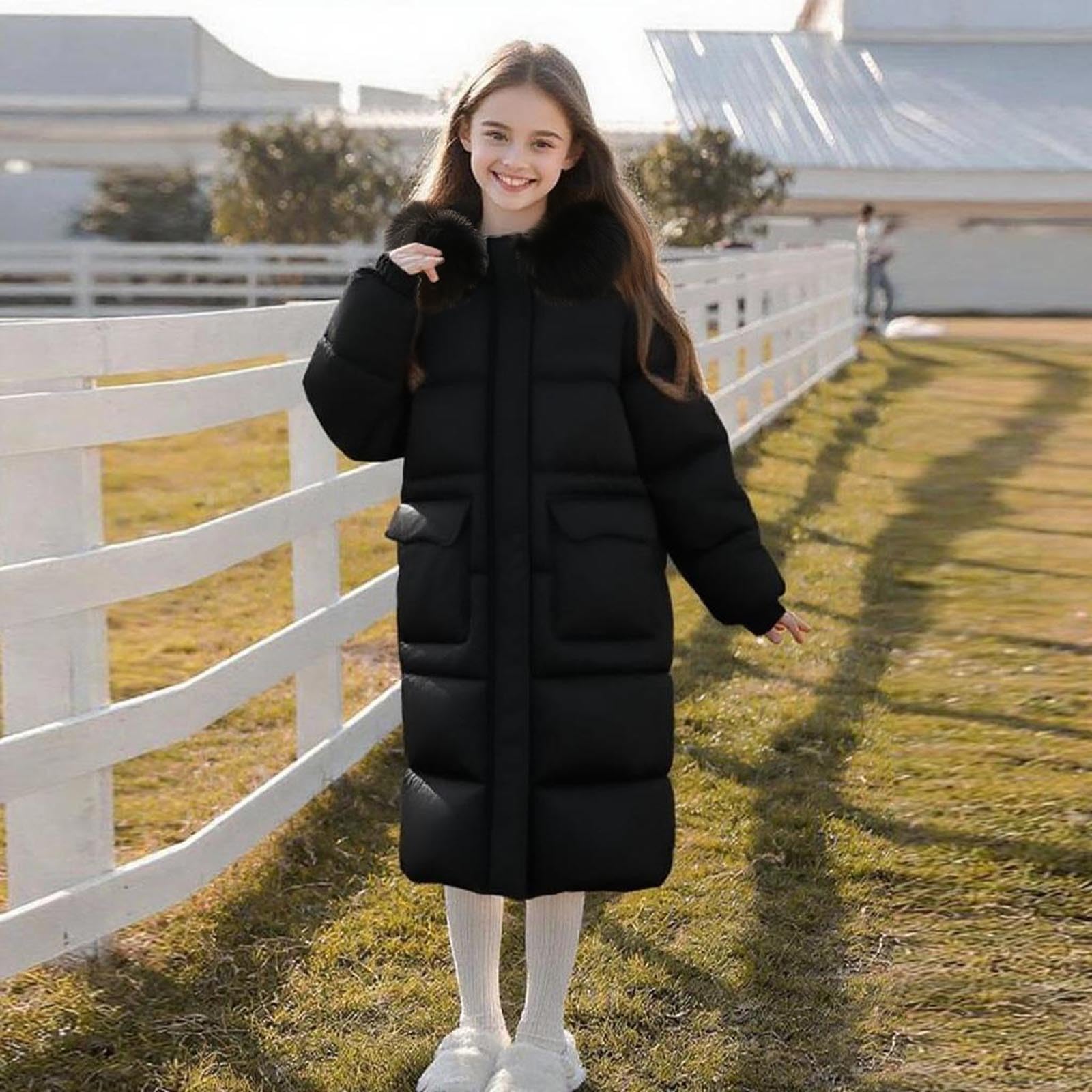 Chaquetas de plumón para niñas adolescentes con ribete de piel sintética con capucha, chaqueta acolchada gruesa, abrigo básico de color sólido, abrigo largo cómodo y cálido, abrigos térmicos