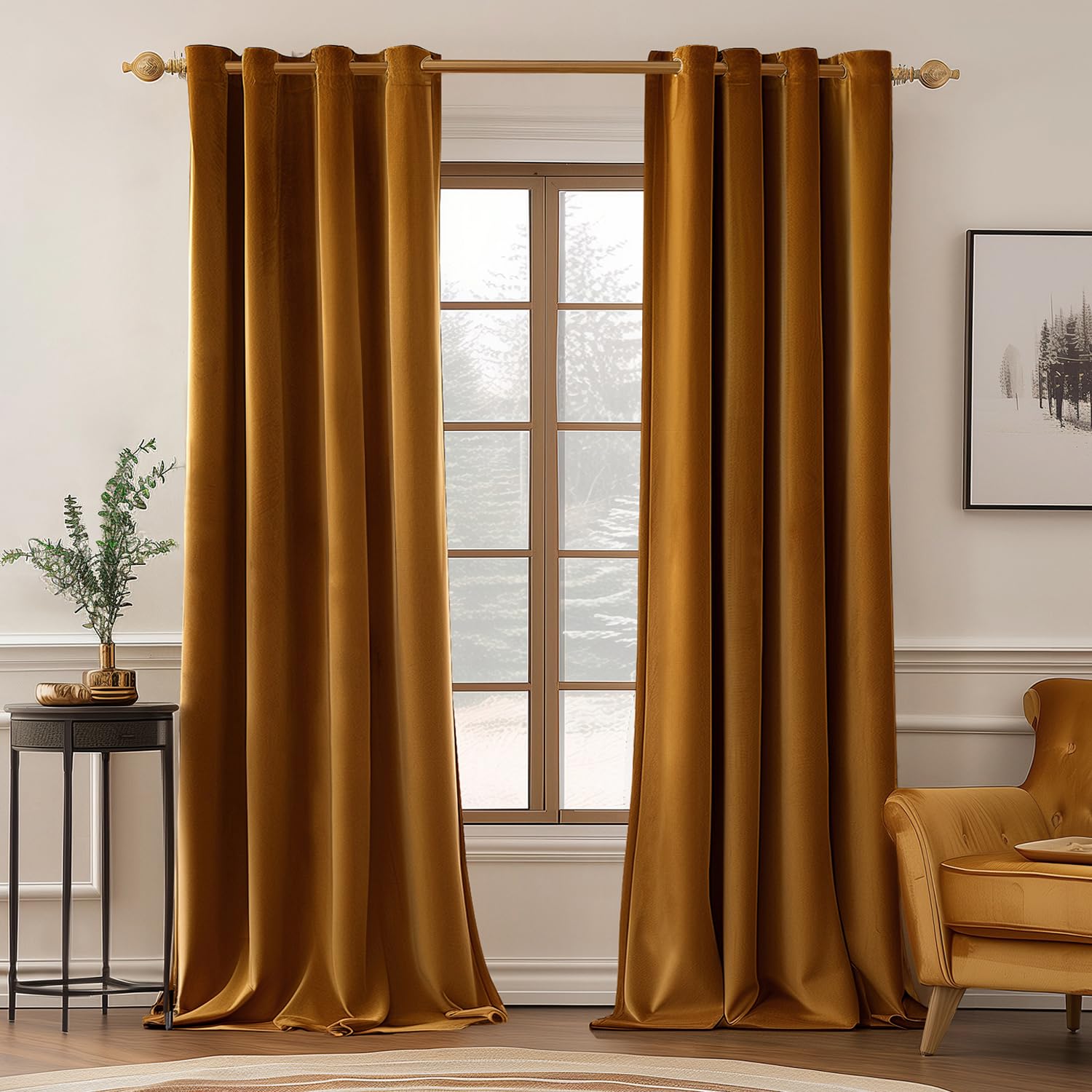 MIULEE Velvet Curtains Golden Brown Elegant Grommet Curtains Thermal Insulated Soundproof Room Darkening Curtains/Drapes for Classical Living Room Bedroom Decor 52 x 84 Inch Set of 2