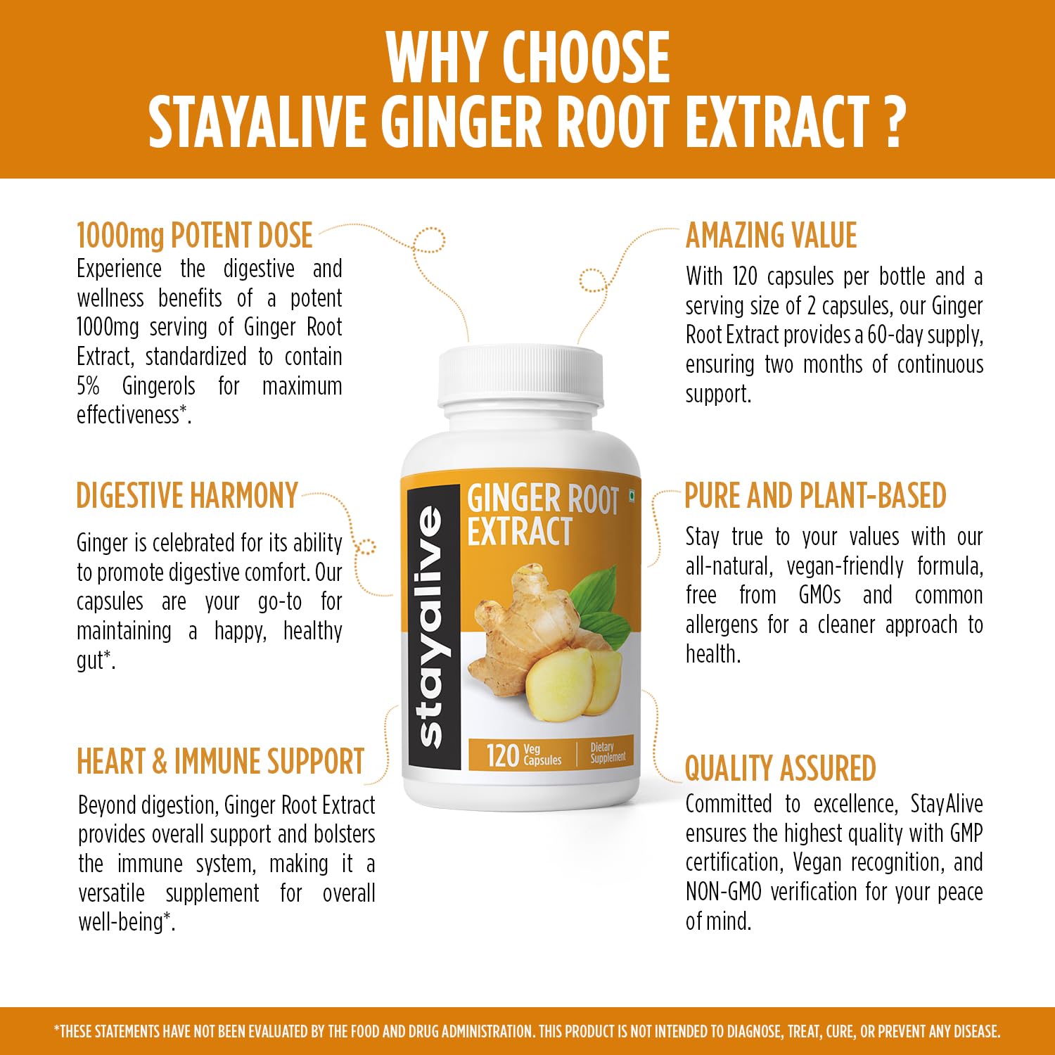 StayAlive Pure Ginger Root Extract 10,000mg with 5% Gingerols, 120 Ginger Root Capsules for Nausea, Immunity and Digestive Health, 10:1 Super Extract Powder, Non-GMO and Gluten-Free Ginger Supplement - Image 6 thumbnail