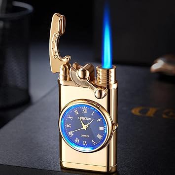 Creative Dial Rocker Arm Inflatable Lighter - 2024 New Lighter with Electric Watch, 2 in 1 Windproof Portable Adjustable Refillable, for Grills, BBQ, Fireplaces, Camping Gold