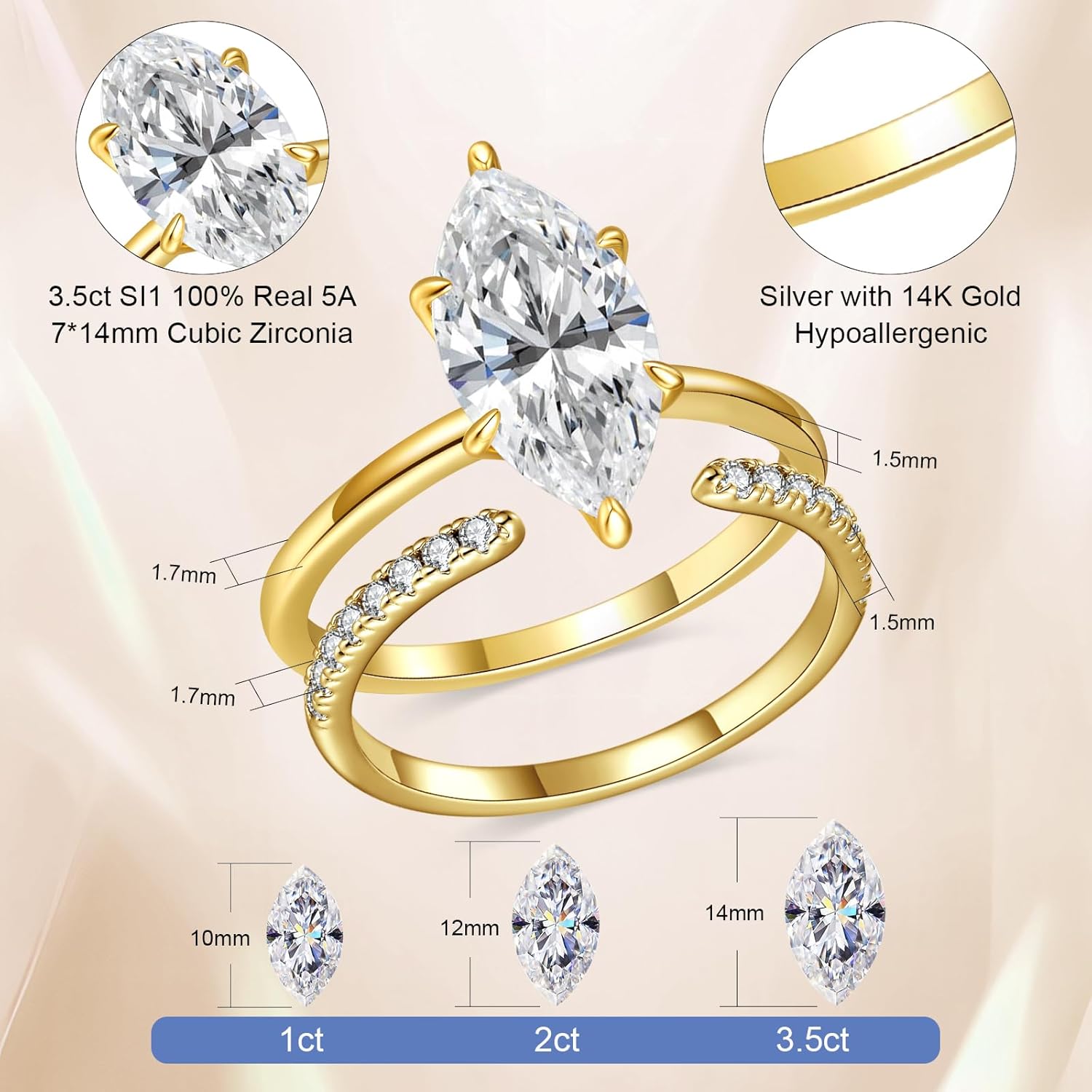 3.5CT Marquise Cut Engagement Ring Set for Women, Wedding Promise Cubic Zirconia Band, 14K Gold/White Gold Plated Stackable Adjustable Bridal Half Eternity Open Rings, Size 5-9 - Image 3