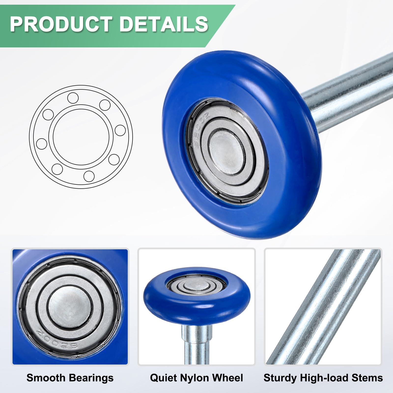 M METERXITY 2-Pack Nylon Garage Door Rollers, 1.8"/ 46mm Quiet Garage Door Wheels 7"/ 178mm Stem - Image 2