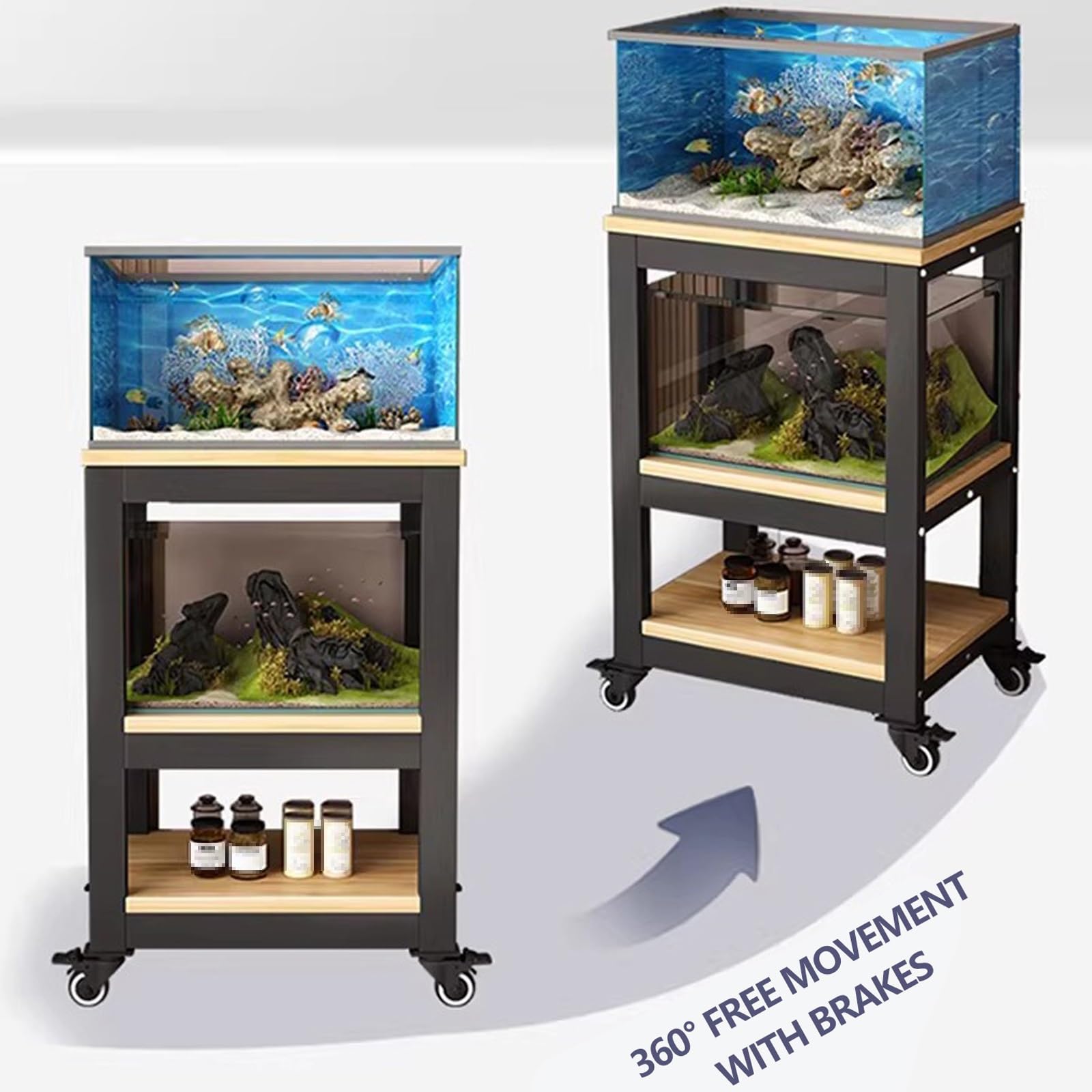 Ruchomy stojak do akwarium z kółkami, stojak na akwarium z półkami do przechowywania, ekspozycja terrarium, do salonu, sypialni, biura, czarno-brązowy, 81 x 35 x 103 cm