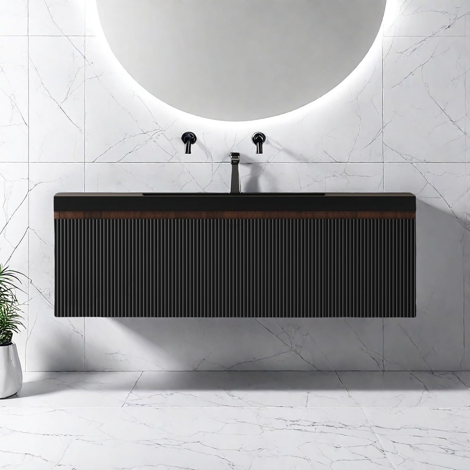 Wall Mounted Bathroom Sink Vanity, Modern 48" Floating Vanity with Resin Basin, U-Shaped Soft-Close Storage Drawer & Side Door, Striped Bathroom Storage Cabinet with Invisible Handle, Black