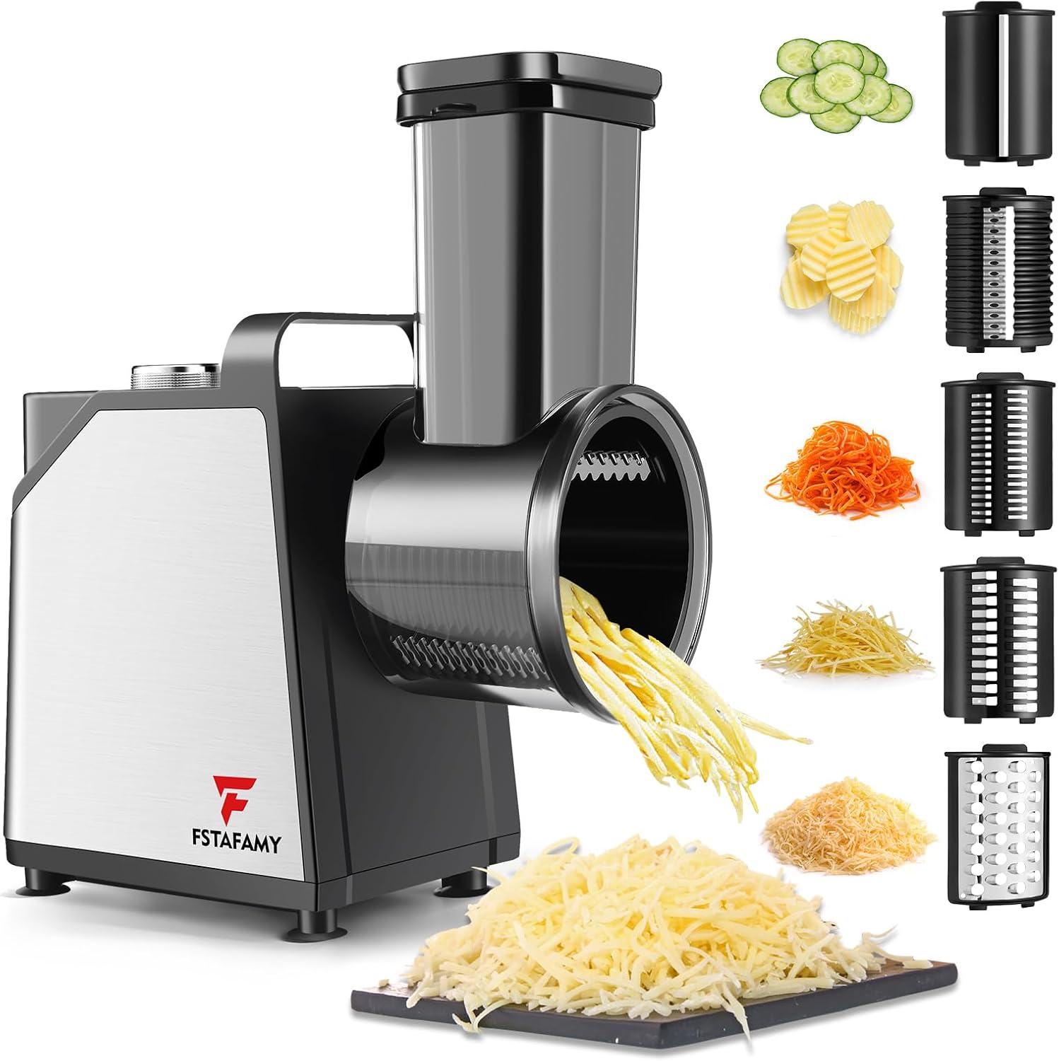 Electric Cheese Grater and Vegetable Slicer, 250W, 5-in-1 Kitchen salad chopper Food Processor with One-Touch Control Electric Cheese Grater and Vegetable Slicer, 250W, 5-in-1 Kitchen salad chopper Food Processor with One-Touch Control