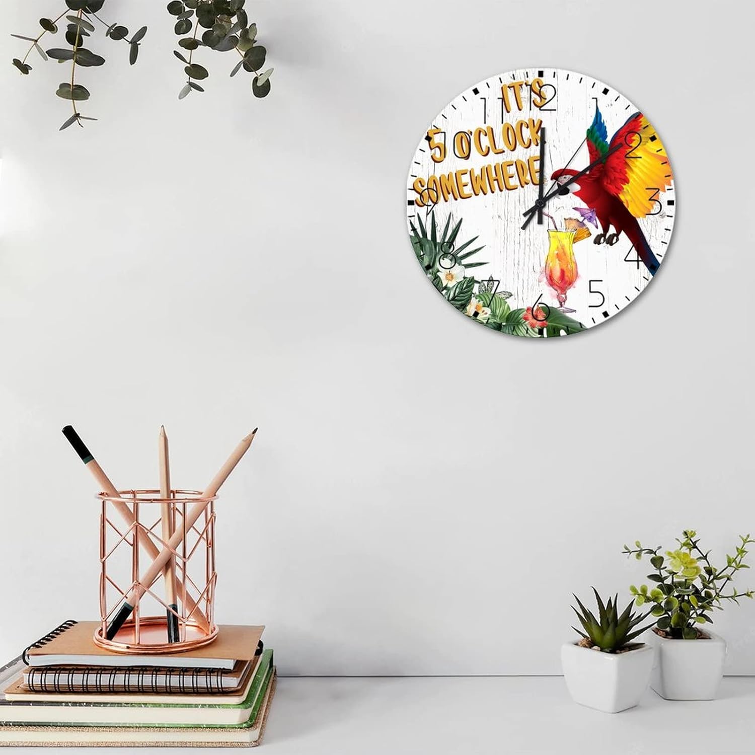 10 Inch Silent Non-Ticking Wall Clocks Battery Operated It's Five O'clock Somewhere Home Decoration for Patio Happy Hour Pool Beach Vintage Round Wooden Wall Clock Rustic for Porch Study Room