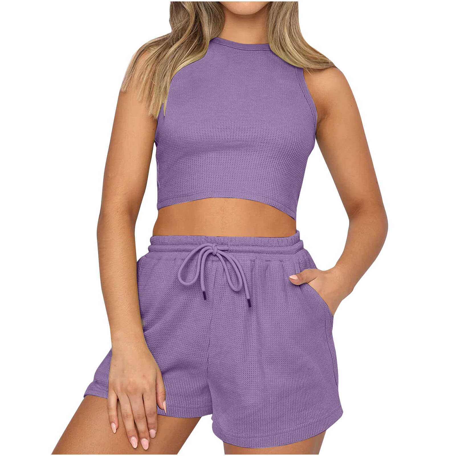 Two Piece Workout Outfits Womens Lounge Athletic Shorts Sets 2 Piece Sleeveless Crop Top High Waist Shorts Activewear