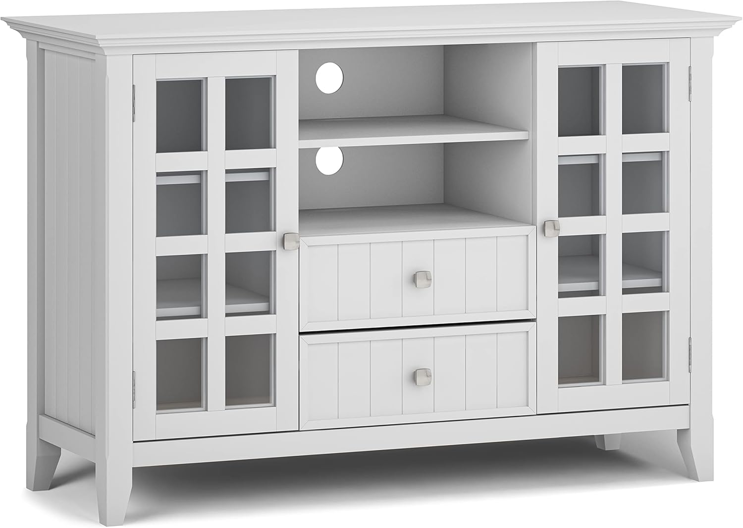 SIMPLIHOME Acadian TV Stand - 53 inch Wide Solid Wood Tall Media Console in White, Transitional Entertainment Center for Living Room for TVs up to 60 Inches with Glass Cabinets and Cord Management