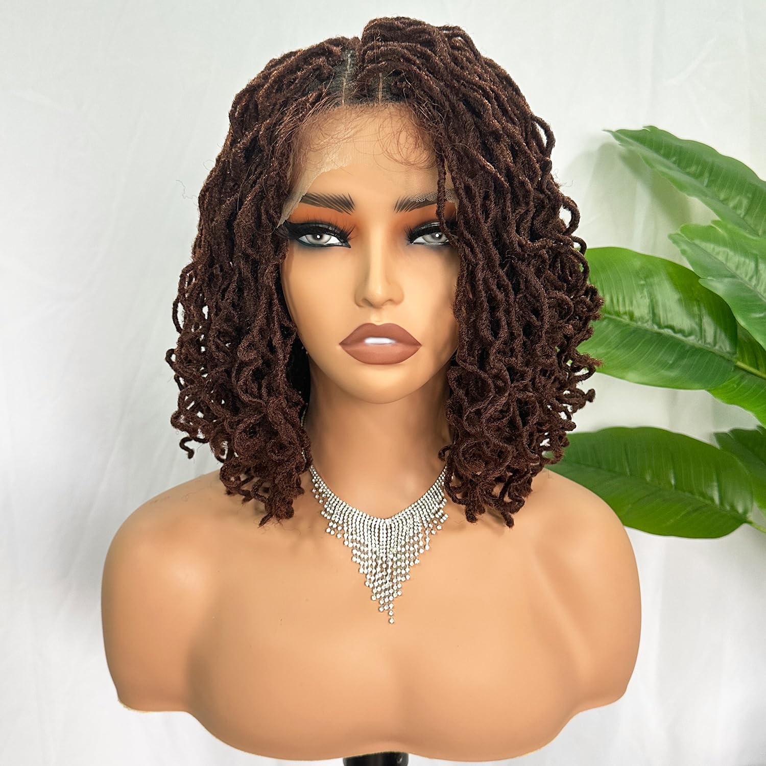 SOKU Curly Faux Locs Wig 16 Inch 4x4 Lace Frontal Dark Brown Twist Dreadlock Wigs for Balck Women Afro Curly Braided Synthetic Wig