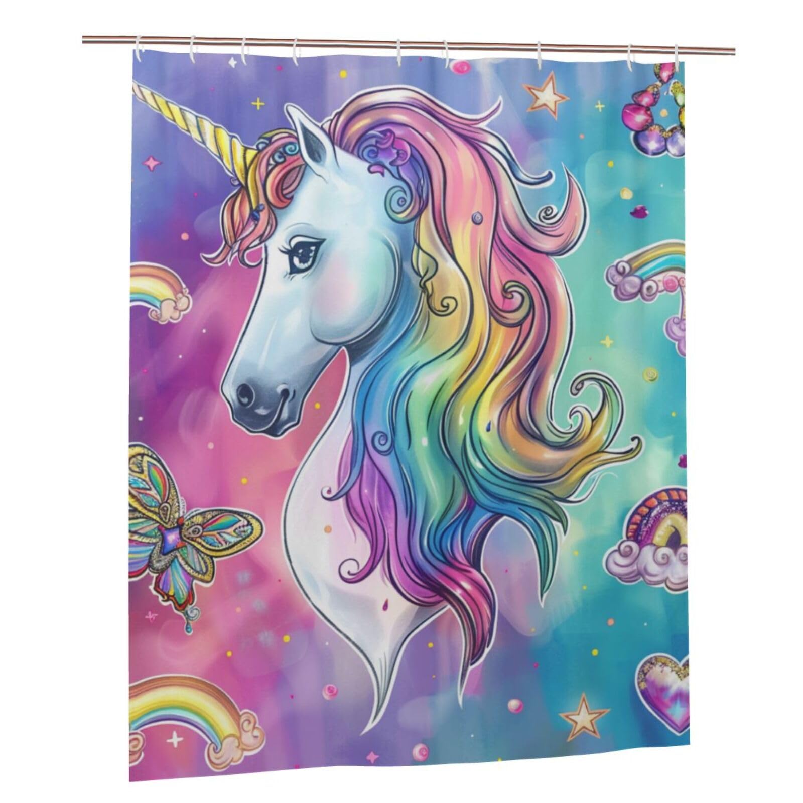 BWWHCCTI Rainbow unicorn Printed Shower Curtain With 12 Plastic Hooks Opaque Quick Drying Waterproof Shower Curtains Sets For Bathroom 152x183 Cm