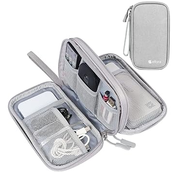 Elfora Cable Organizer Bag | Double Layer Travel Pouch for USB Cables, Chargers, Power Banks, AirPods & Accessories | Durable and Water Resistant Nylon Case with Mesh Pockets & Carry Strap (Grey) - image, photos