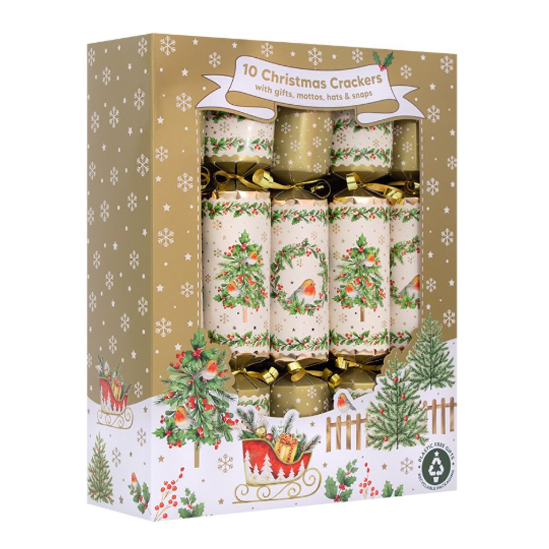Widdle Gifts Set Of 10 Christmas Crackers Festive Table Decor Gold, Silver, White And Red Christmas Cracker (Gold Robins Trees and Wreaths 0325)