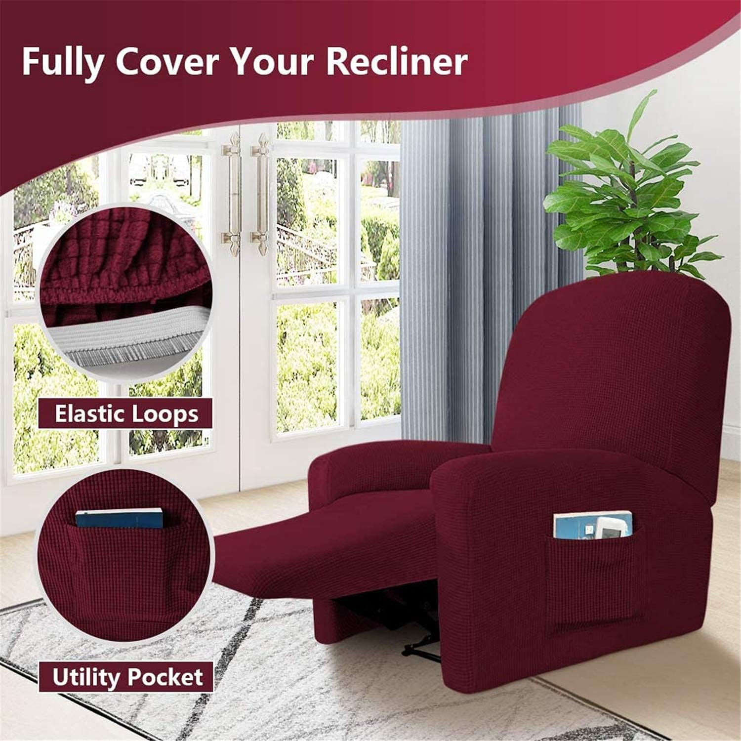 Recliner Sofa Slipcover, 4 Piece High Stretchy Reclining Chair Cover, Machine Washable Spandex Jacquard Fabric, Bottom Elastic Easy to Install, Non-Slip Furniture Protector (Wine)