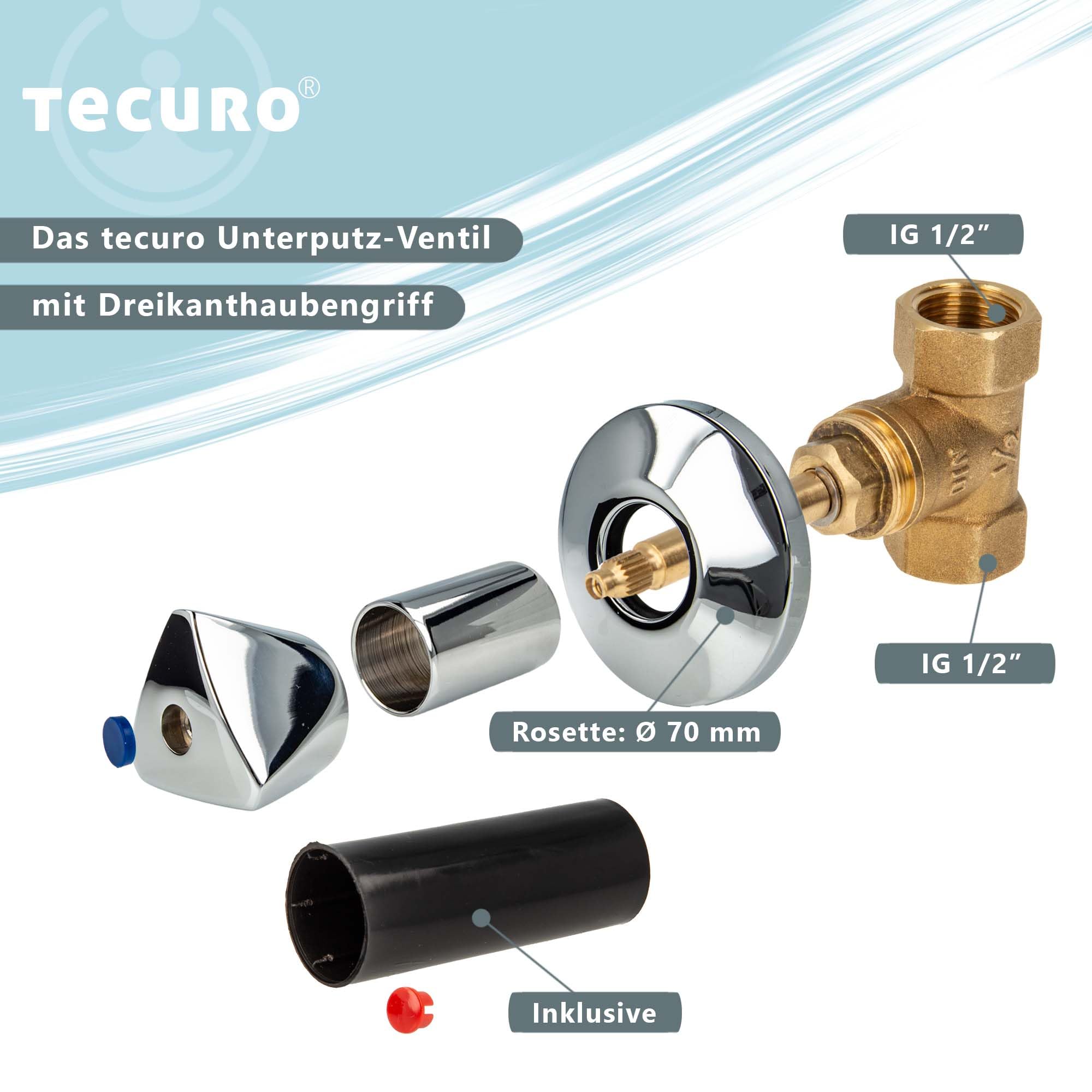 tecuro UP-Ventil mit beidseitig 3/4 Zoll Innengewinde und Dreikanthaubengriff Metall verchromt, Rosette und Bauschutzkappe