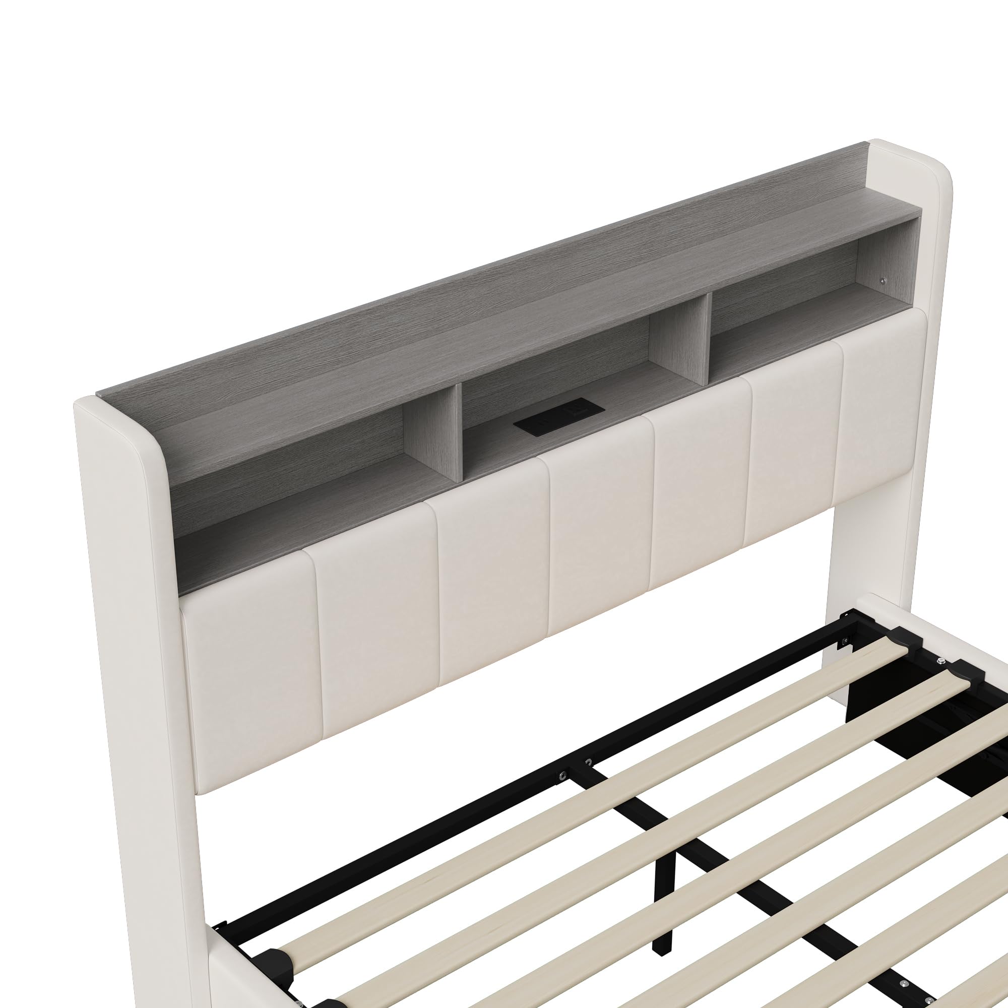 Letto Imbottito 160 x 200 cm, Letto Matrimoniale con Contenitore, letto una Piazza e Mezza, con LED e Ricarica USB, Letti con Rete a Doghe, Testiera con Vano Portaoggetti, Velluto, Bianco