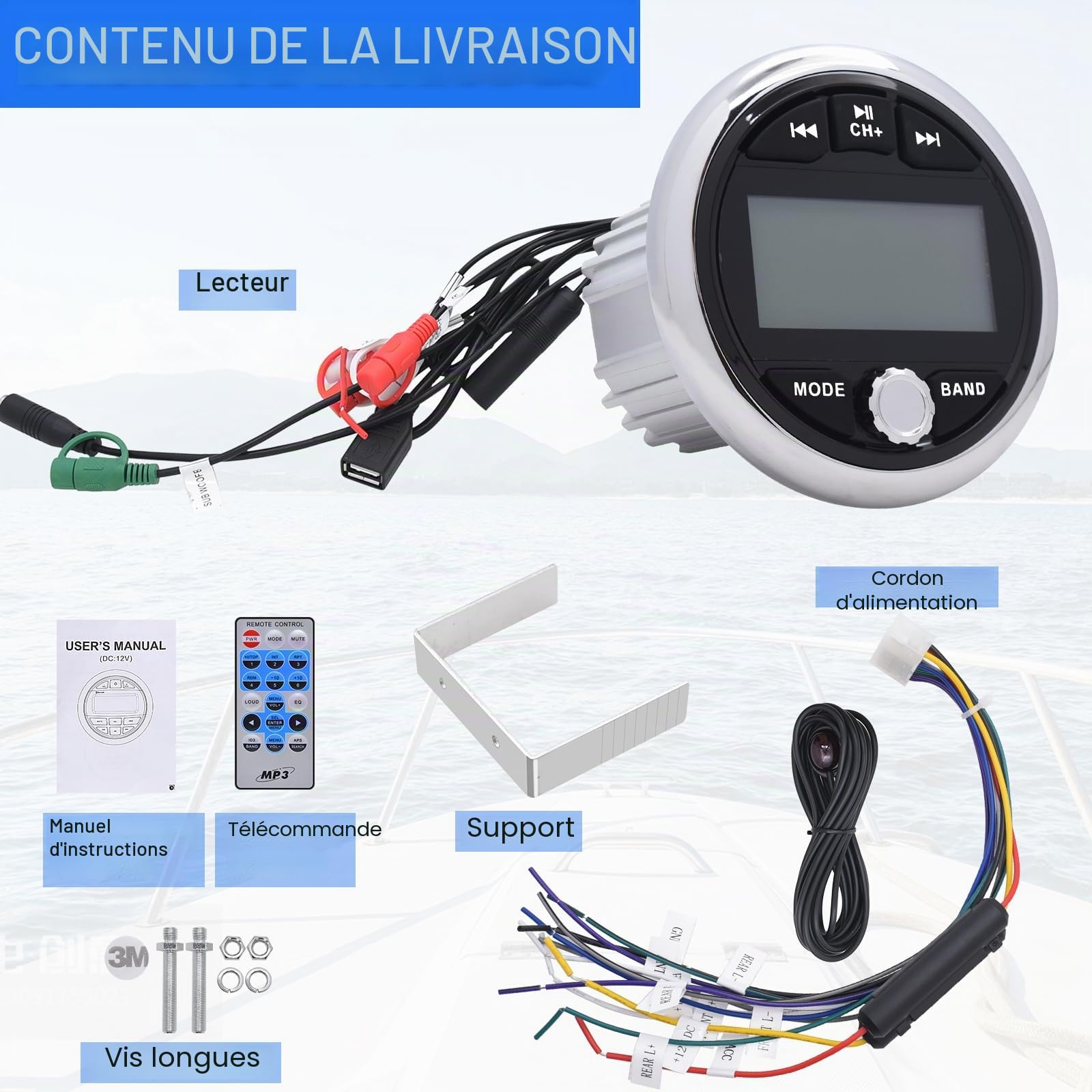 Geloo Stéréo Marine Radio Universel MP3 AM/FM Audio Récepteur Étanches | Lecteur de Musique Audio Sans Fil pour Bateau, pour Yachts, Bateaux Marins Golf Cart ATV UTV