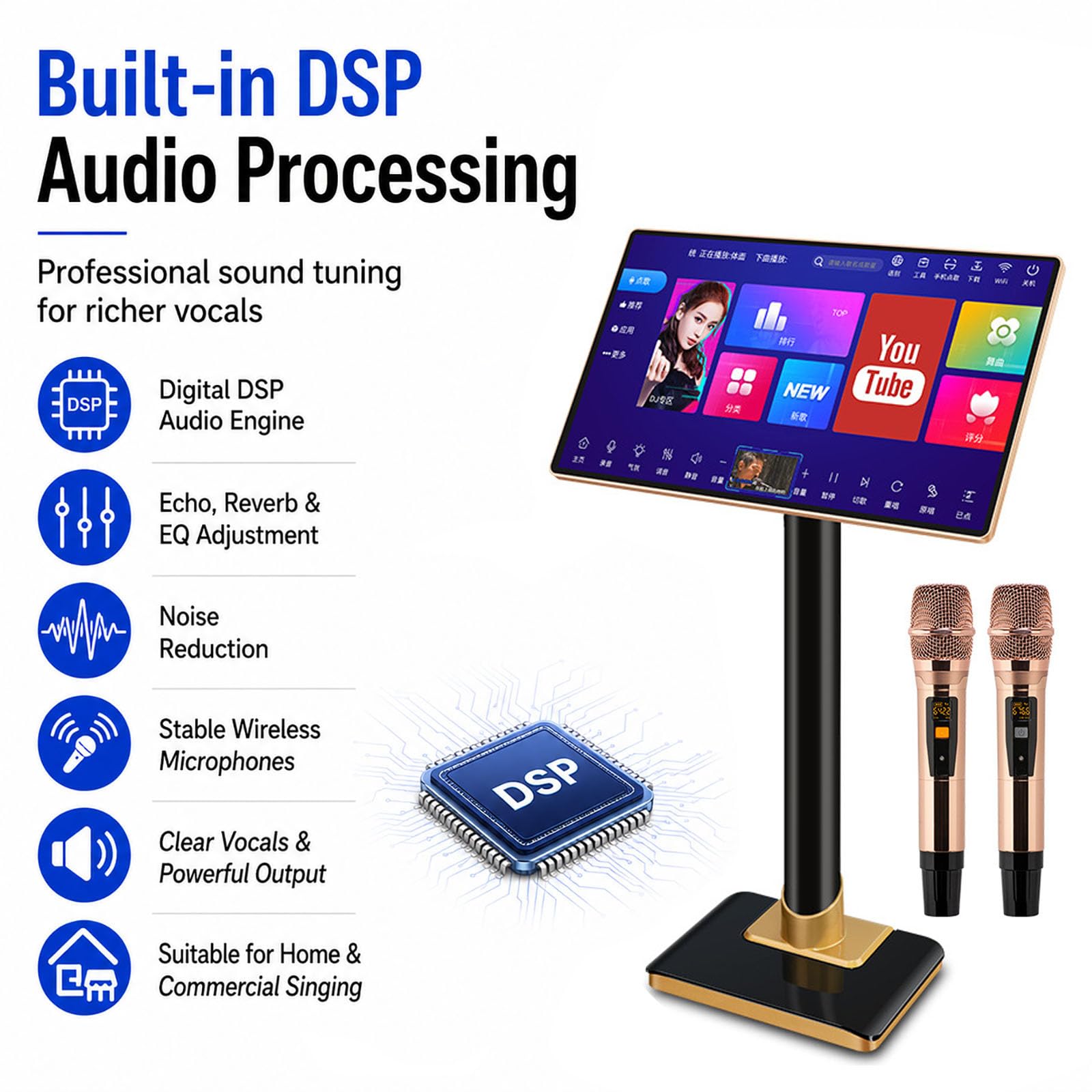 Macchina per Karaoke con Schermo Touchscreen da 21,5 Pollici, 2 Microfoni Wireless, Ricerca Vocale di Brani Tramite Ia, Dsp Integrato, Controllo Tramite App Wi-Fi, 3 TB, 4 TB, 6TB