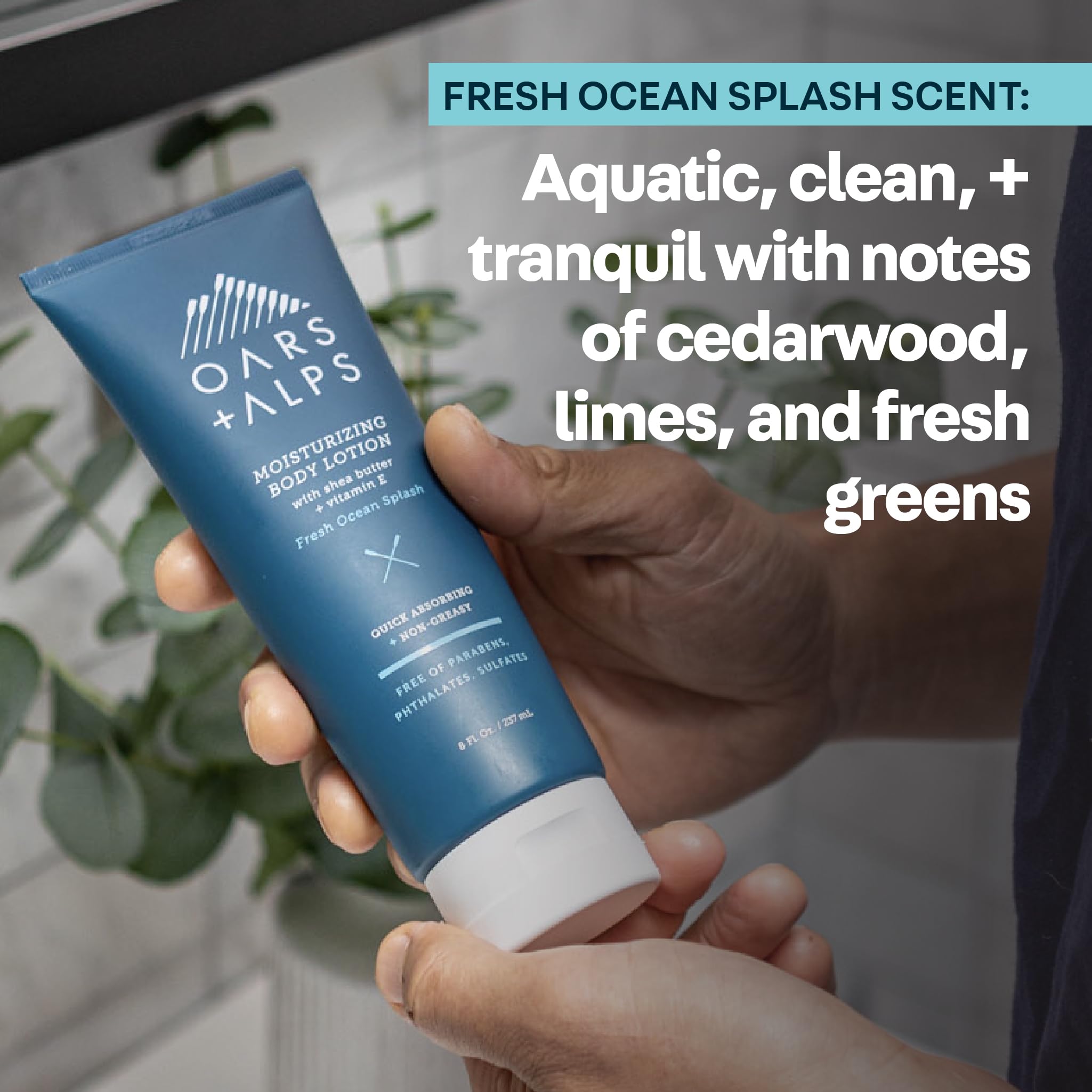Oars + Alps Loción corporal hidratante para hombre, cuidado de la piel derivado natural con manteca de karité y vitamina E, Fresh Ocean Splash, 8 onzas