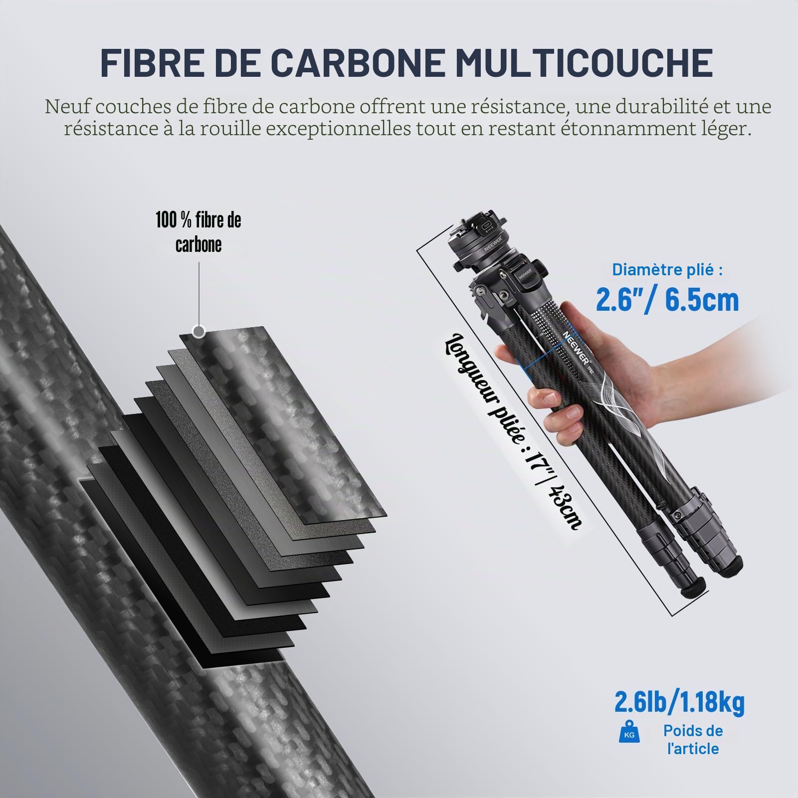 NEEWER LITETRIP LT32 Trépied de Voyage en Fibre de Carbone avec tête panoramique à 360° nivellement ± 15 °, axe Central Amovible, Boucle à Rabat Rapide, Plaque QR Arca Compatible avec Peak Design