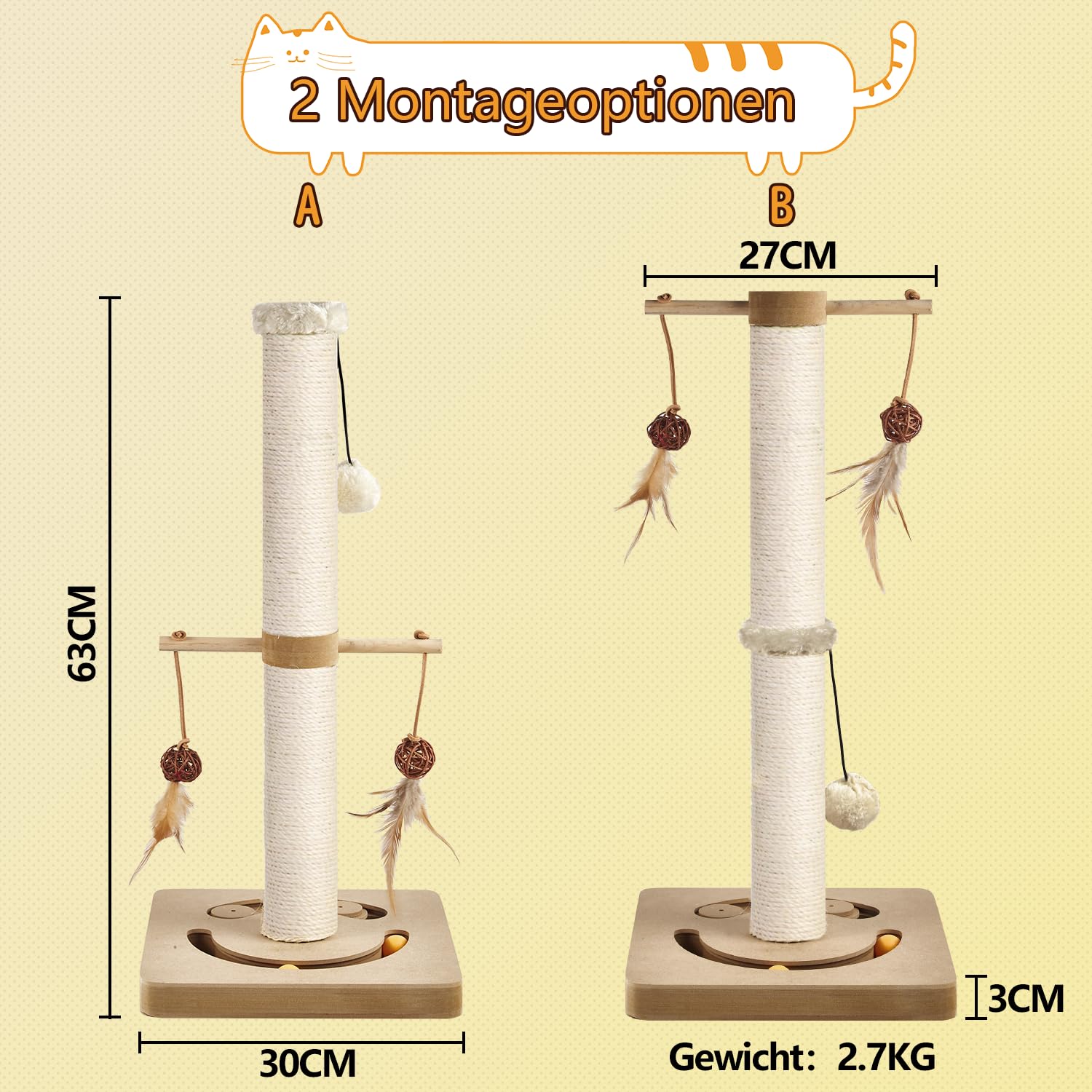 AUSCAT Kratzsäule für Katzen, Kratzbaum mit Verschiedenen Interaktiven Spielzeug, Kratzstamm mit Natürlichem Sisalseil in Modernem Design- 63cm Beige