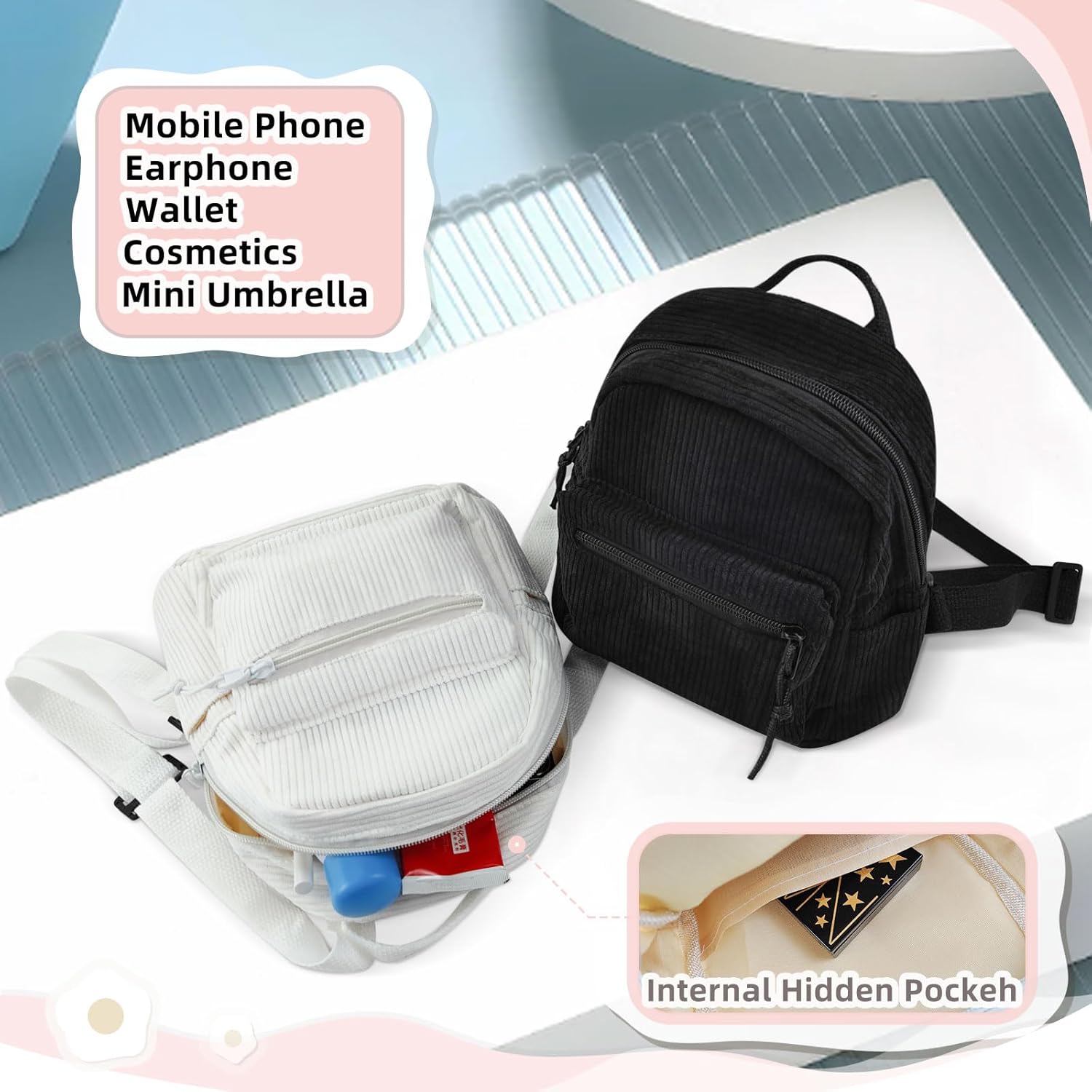 FuninCrea Corduroy Mini Backpack for Women, 4 L Small Backpack Purse Cute Mini Bookbag Little Backpacks with Front Pocket (Pink) - Image 4