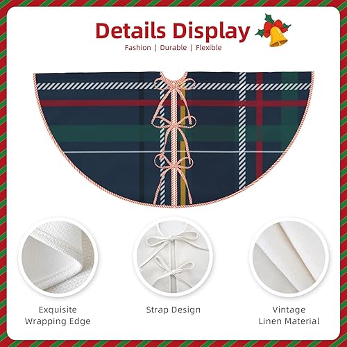 Miniatura 5 de Falda de árbol de Navidad de 48 pulgadas, falda clásica de lino a cuadros azul marino para árbol de Navidad para fiestas de vacaciones, decoración