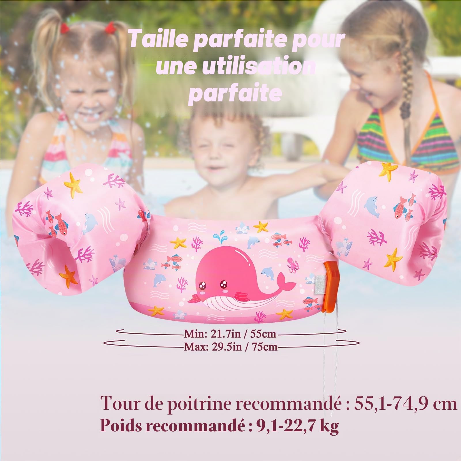 HeySplash Gilet de Flottement de Natation, Gilet de Natation avec Sangle Réglable pour Enfants 9-22/15-30 KG, Brassard d'apprentissage à la Natation Flotteur de Piscine avec Sifflet