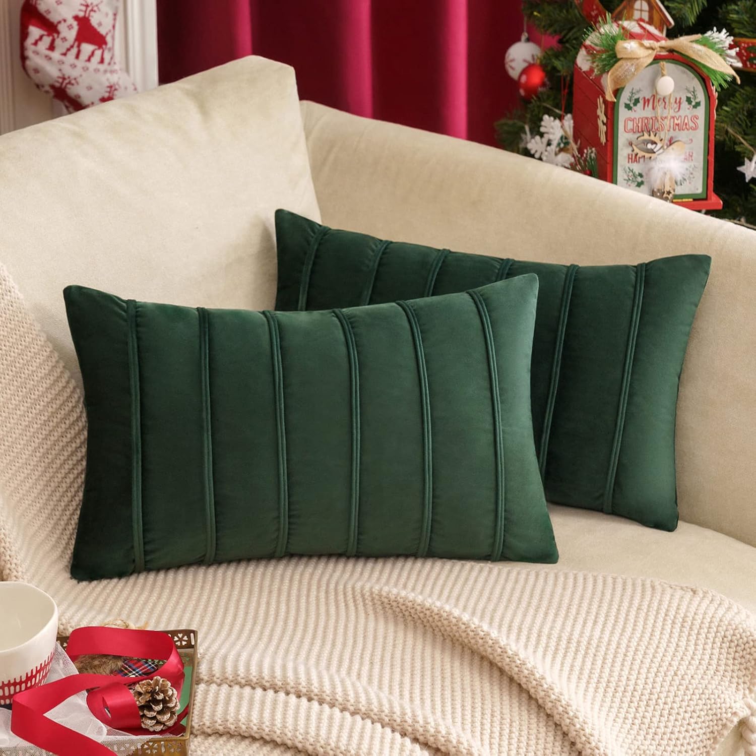 MIULEE Christmas Decorative Velvet Throw Pillow Covers Soft Solid Pillowcases Striped Lumbar Rectangle Cushion Covers for Couch Sofa Bed Living Room 12x20 inch, Pack of 2, Army Green