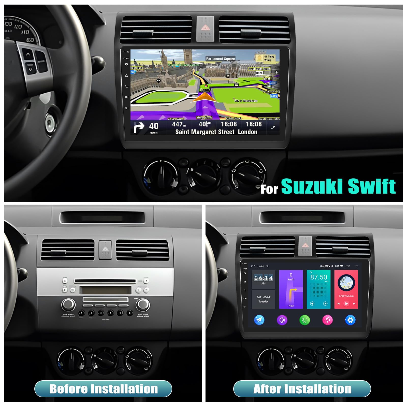 Autoradio Android 13 Pour Suzuki Swift 2003-2010 - 10,1" 2DIN, Carplay Sans Fil, GPS, WiFi, Caméra Recul