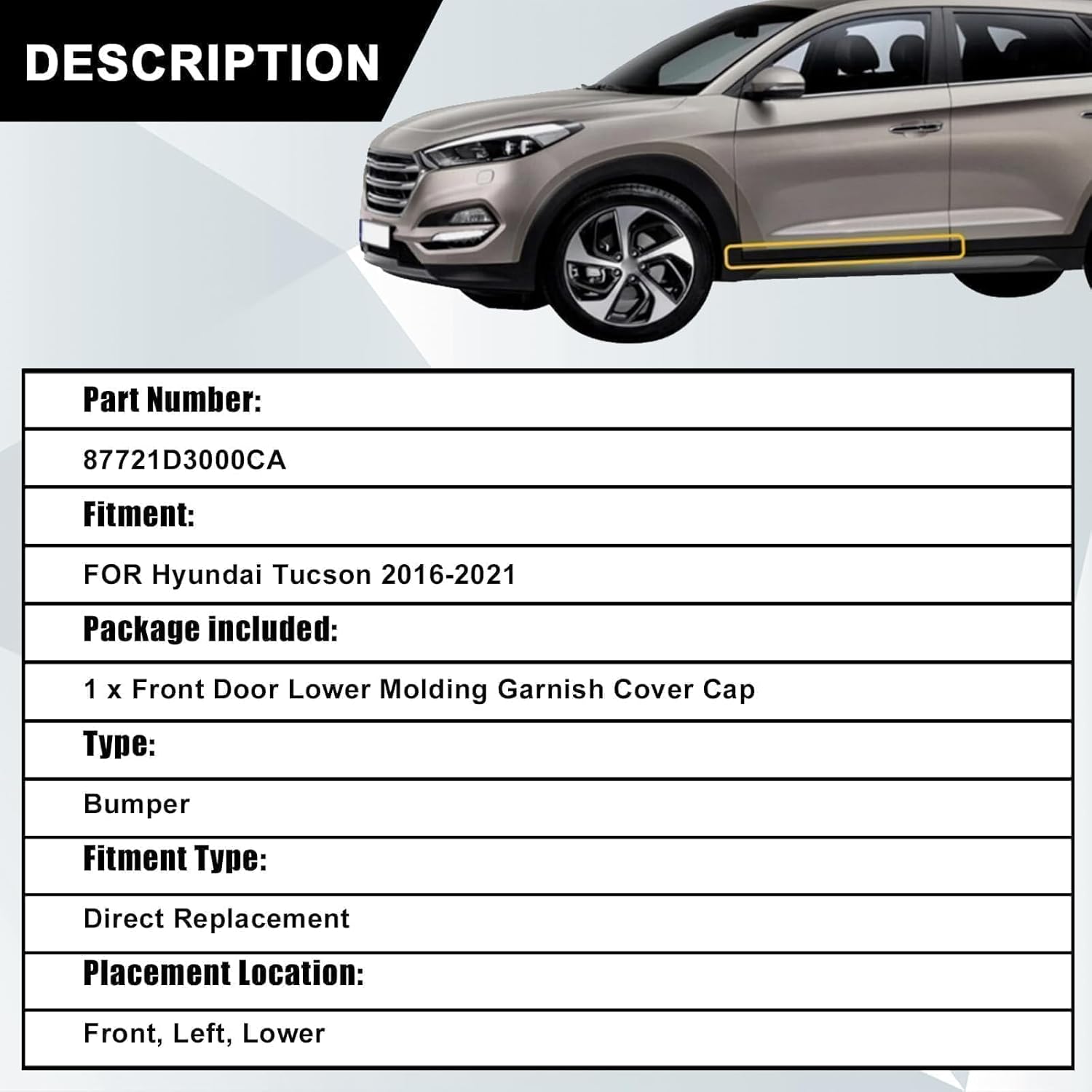 SecosAutoparts Door Lower Molding Garnish Front Left Side Compatible with Hyundai Tucson 2016 2017 2018 2019 2020 2021 Replace# 87721D3000CA