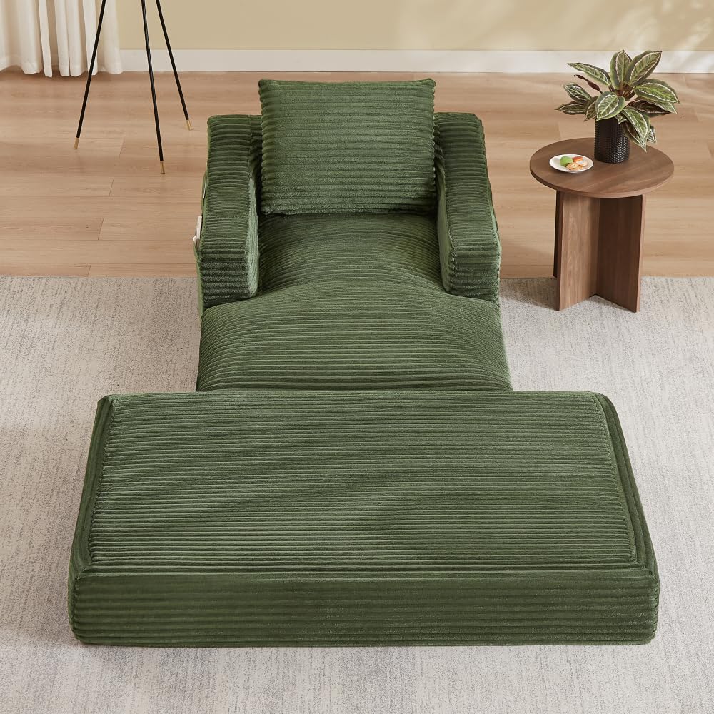 XINGNING Divano lounge in velluto a coste, sedia singola, design doppio, espandibile per letto, per soggiorno, camera da letto (verde + schiuma + 1 posto)
