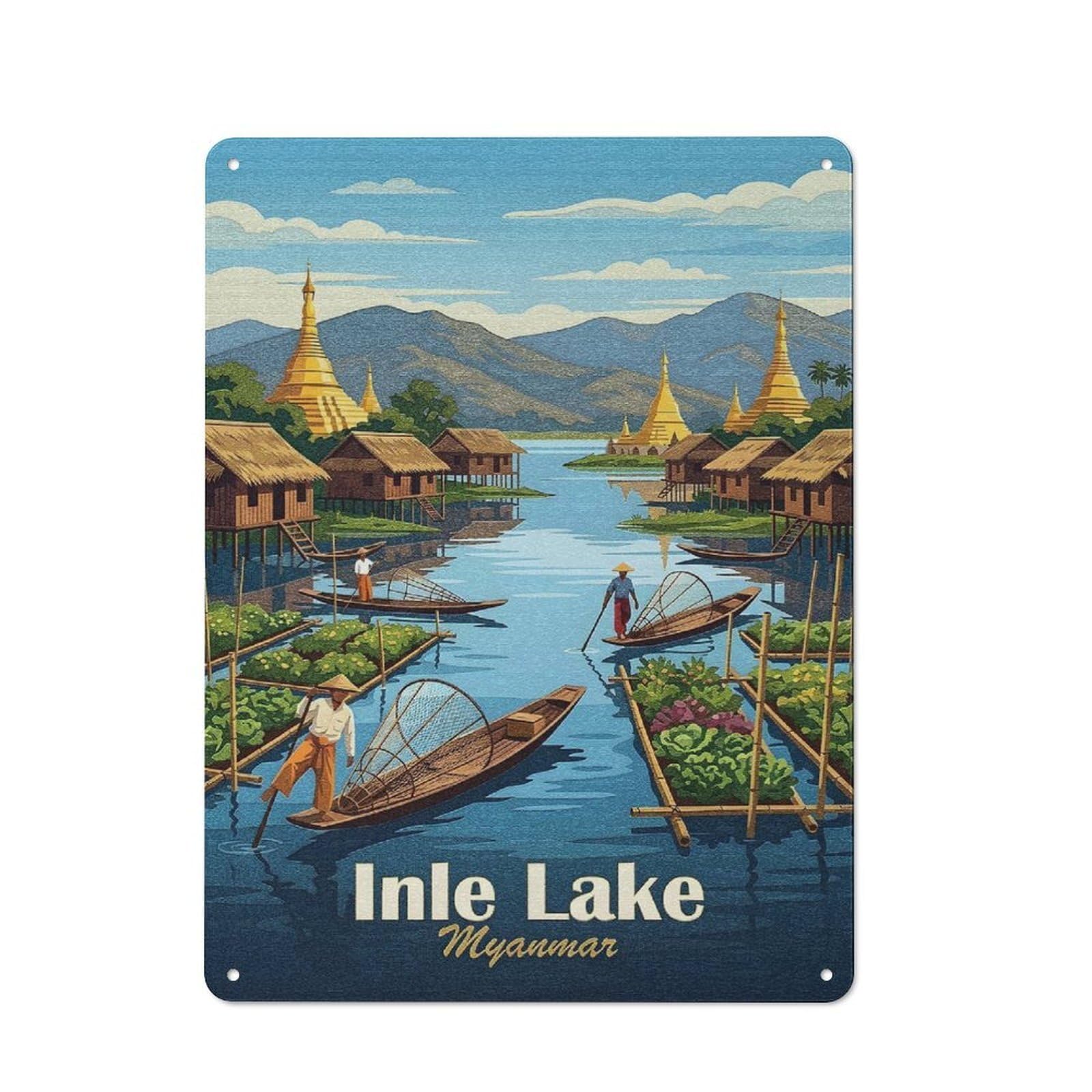 Junmoney Style-10 Metal Wall Plaque With Inle Lake, Myanmar Travel Design 40X30cm, Retro Room Wall Plaque For Home, Shop, Pub Or Studio Wall