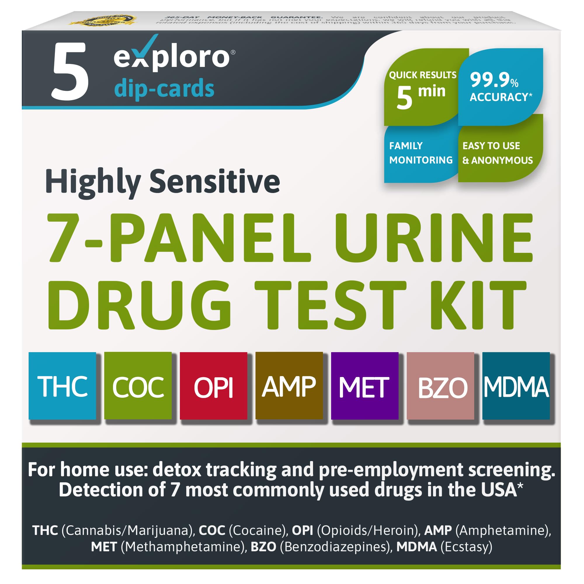 Exploro 7 Panel Drug Test Kit – at Home Urine Drug Test for THC, Cocaine, Opiates, Amphetamines, Benzodiazepines, MDMA & Methamphetamines – Easy & Accurate at Home Drug Testing Strips (Pack of 5)