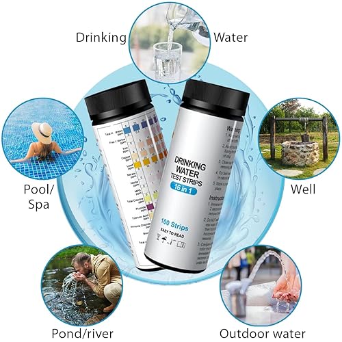 Miniatura 5 de Kit de prueba de agua potable para el hogar, 100 tiras, tiras de prueba de agua 16 en 1, grifo y pozo, detección de pureza del agua, pH, dureza,