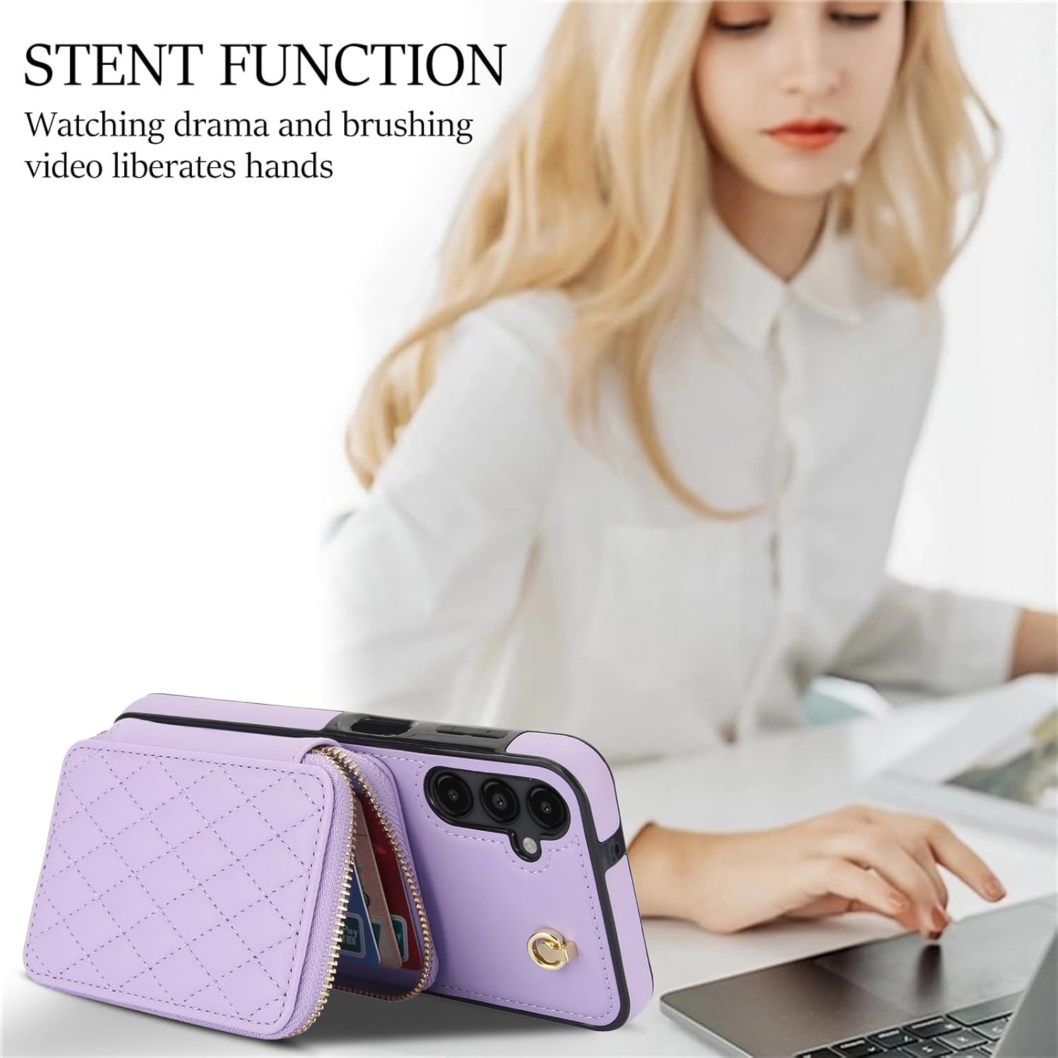 Phone Case for Samsung Galaxy A16 5G/4G Zipper Wallet Cell Cover with Tempered Glass Screen Protector Wrist Crossbody Strap Lanyard Stand RFID Blocking Credit Card Holder Slot A 16 Women Girls Purple