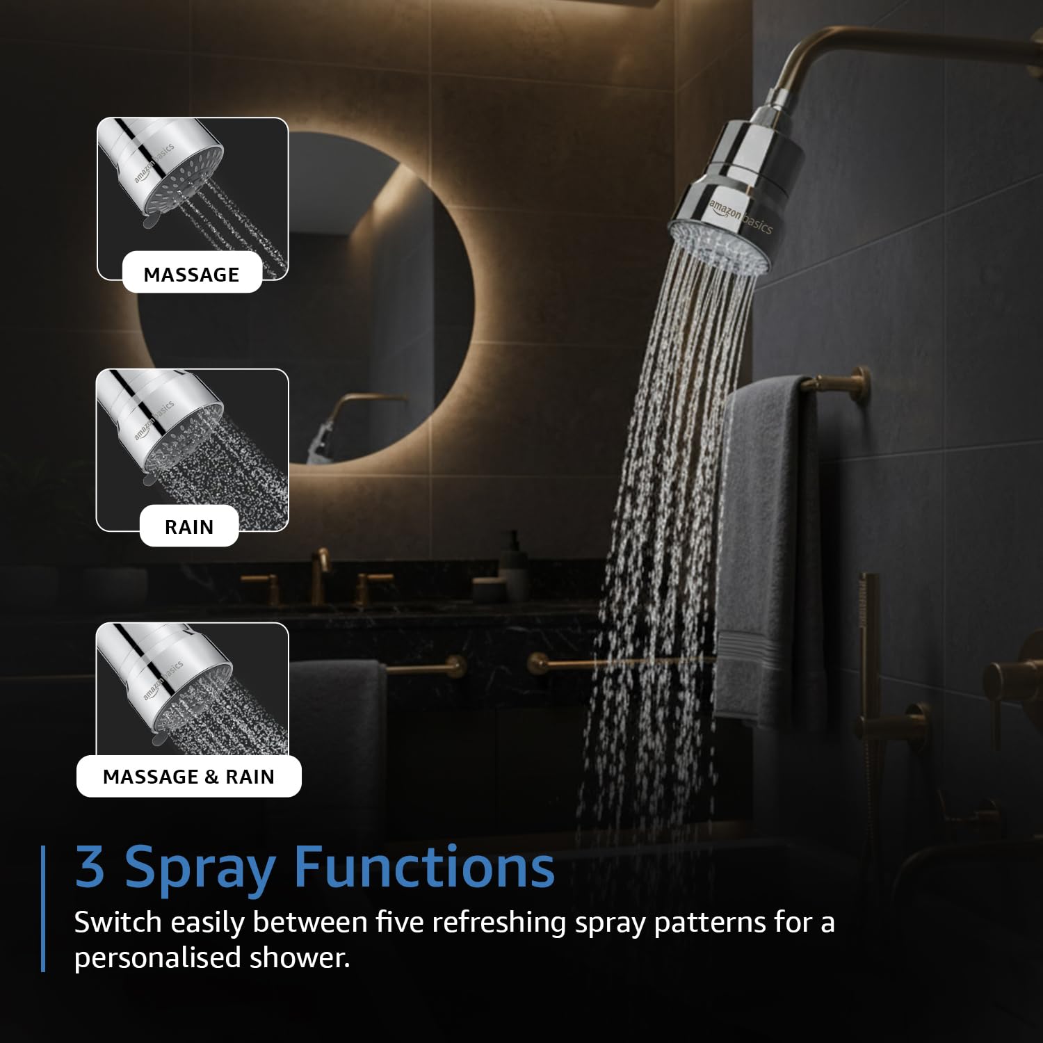 Amazon Basics Filtered Shower Head with 3 Spray Modes | Water Softener | ABS Material | Chrome Finish | 15.4L x 10.5W cm 1