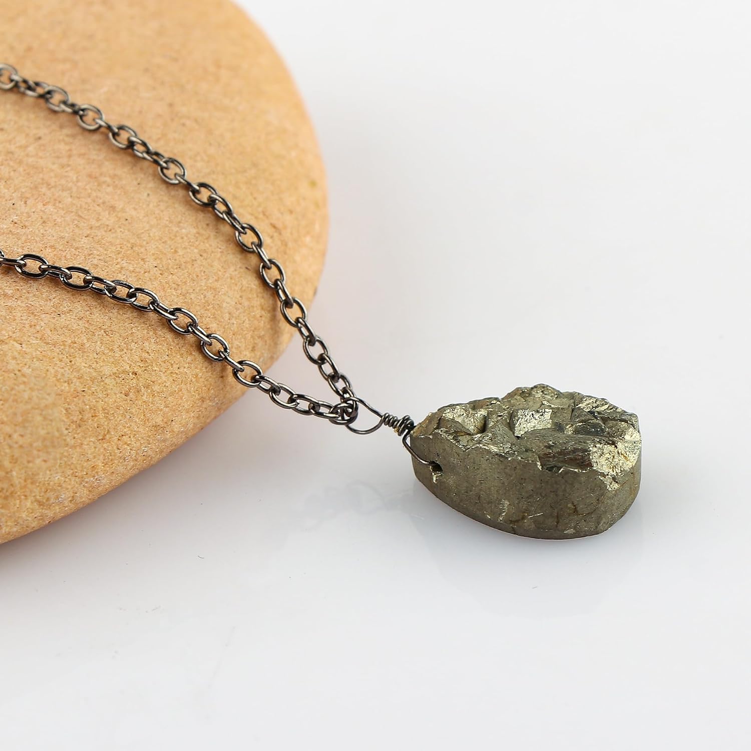 TGH Natural Raw Pyrite Druzy Pendant Necklace - Handmade Crystal Stone Jewelry for Women - 16+2 Inch Black Plated Brass Chain - AAA Grade - Image 2
