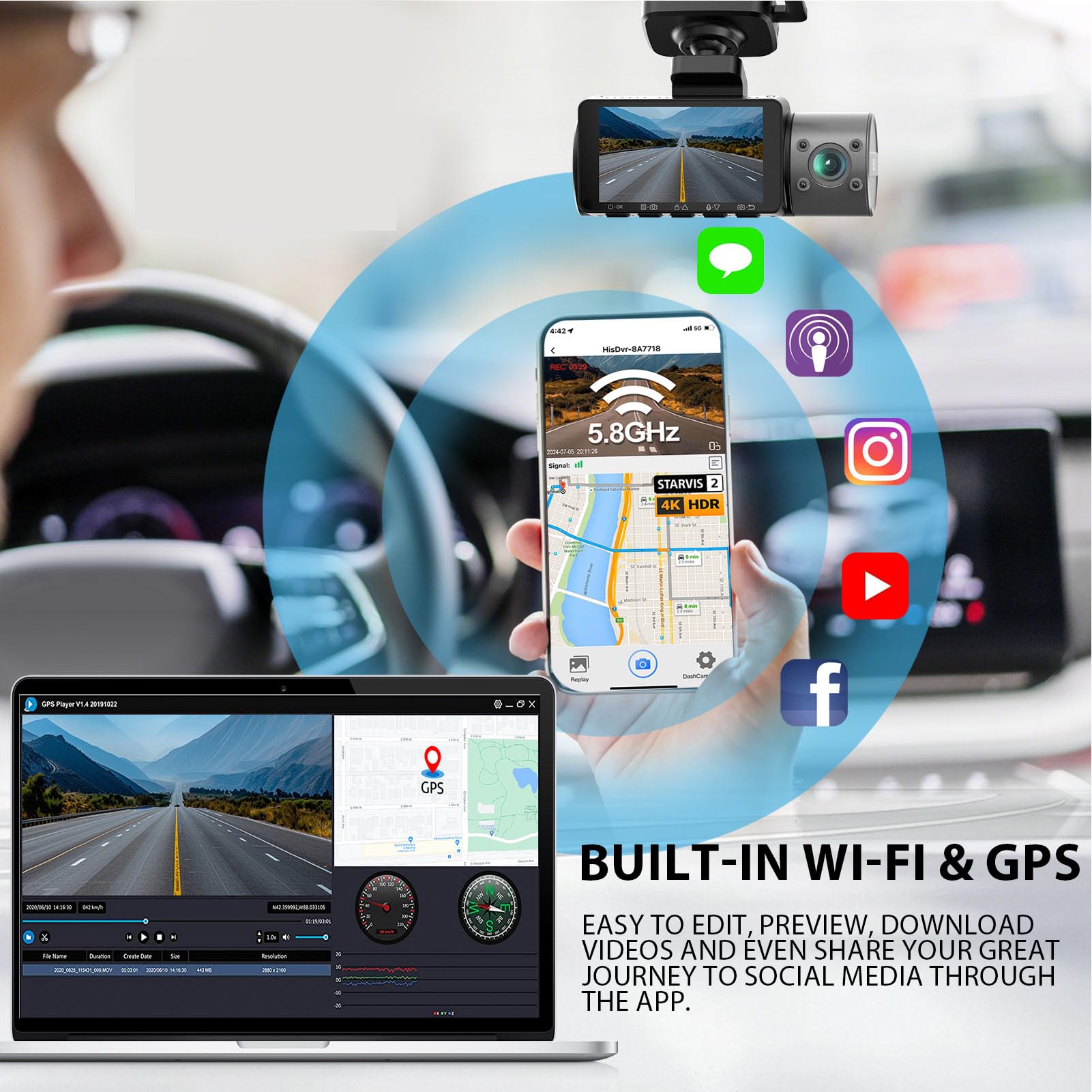 Front 4K Ultra HD i Tylna Taśma Samochodowa 1080p z Wi -Fi, Kamera Deski Rozdzielczej Rejestrowania Pętli, Kąt Szerokości 170 °, Czujnik G, Tryb Parking