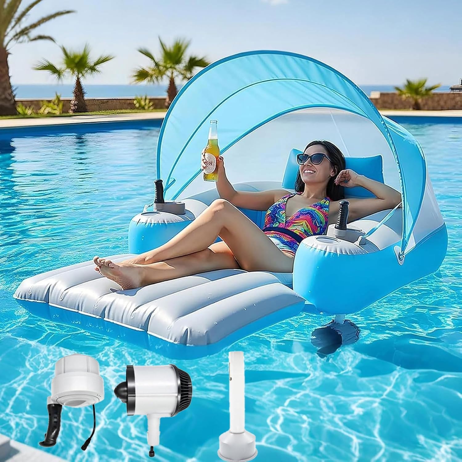 Materassino da Piscina Motorizzato, Lettino Gonfiabile Elettrico con Elica Rotante a 360°, Tettuccio Rimovibile, Batteria Ricaricabile e Pompa Elettrica per Piscine, Laghi e Spiagge