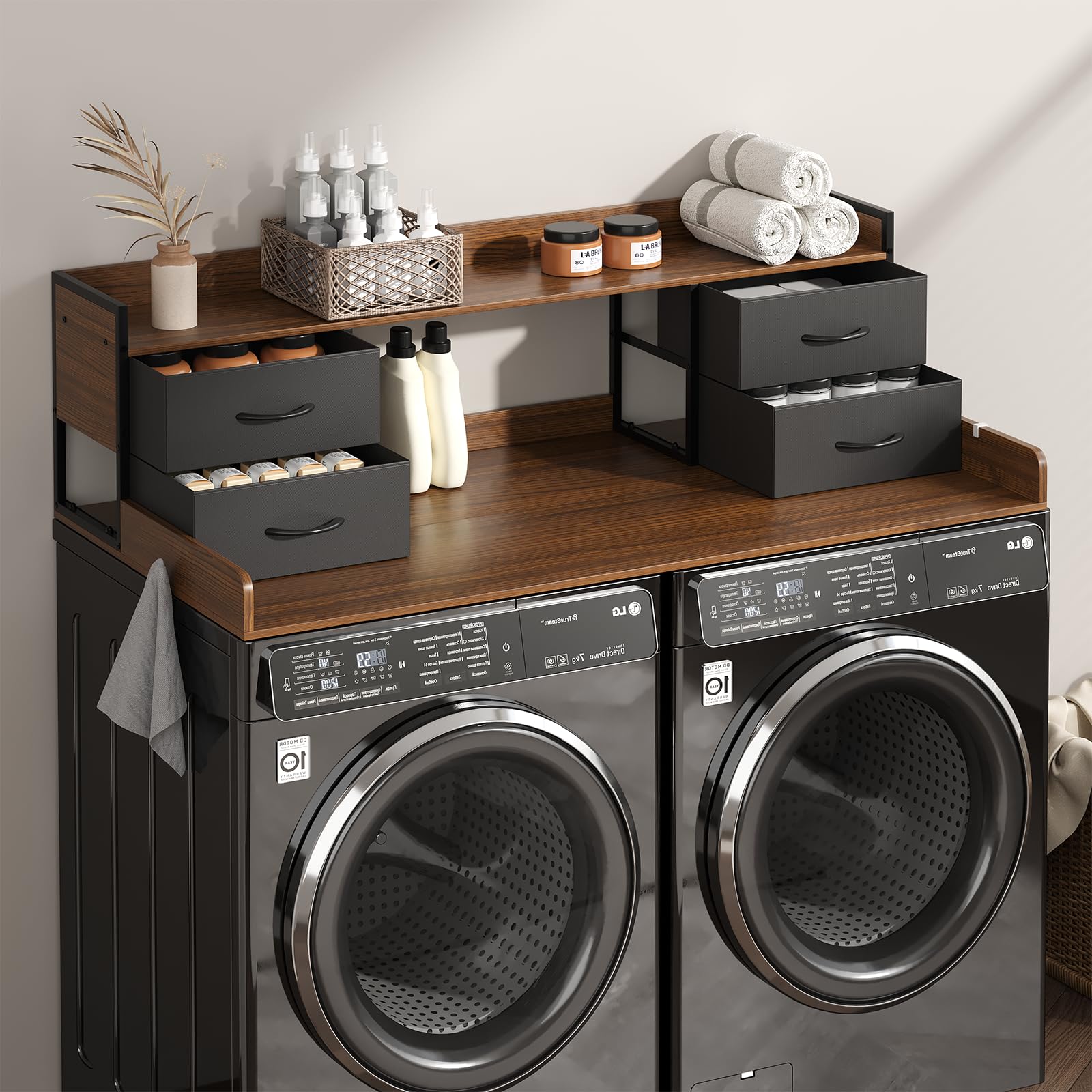 4 Drawers Washer Dryer Countertop with Shelf, 27.5" D x 54" W Laundry Topper with 3.54" High Guardrails and Non-Slip Pads,Extra Storage Organizer for Over Washer and Dryer, Holds 66 Lbs,Dark Walnut