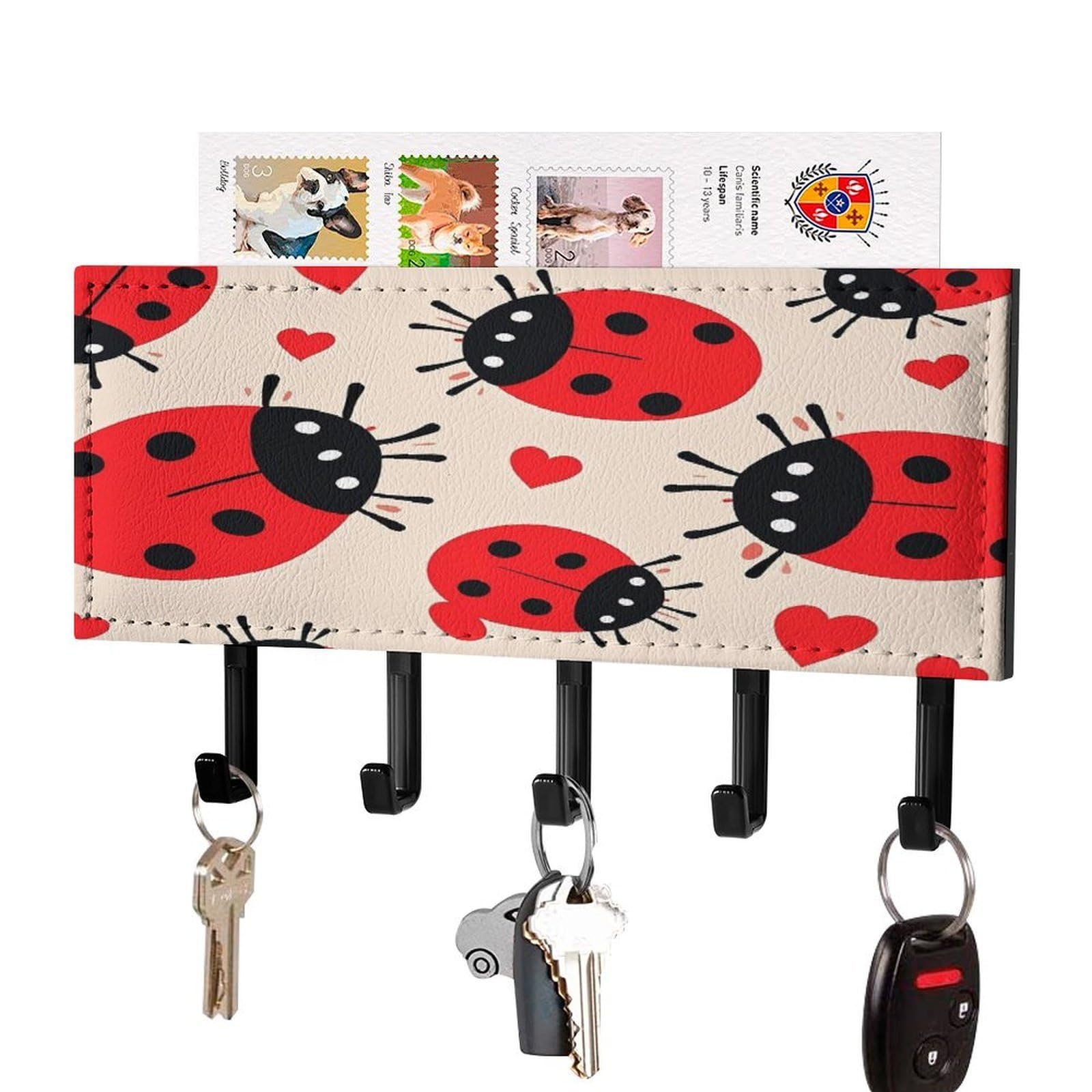 FekiLoot Ladybug Key Holder Wall Mount Key Hanger with 5 Hooks Decorative Key Rack Hanging Key Hooks with Mail Organizer Key Holder for Wall Living Room Kitchen Bathroom Hallway Black