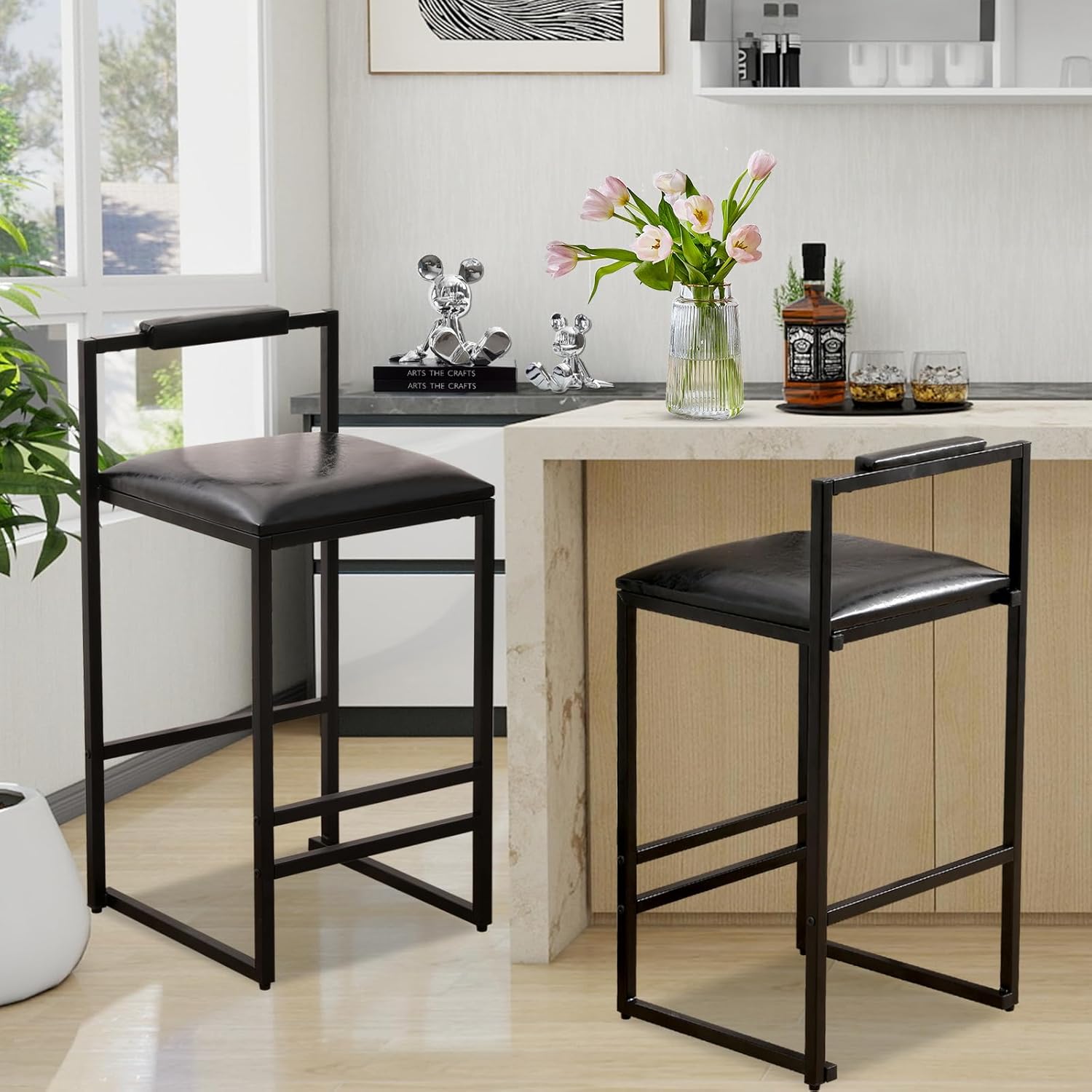 Bar Stools Set Of 2;Counter Height Bar Stools With Back;PU Leather Upholstered Counter Stools With Armless Footrest Modern Bar Chairs For Home Pub,Dinning Room,Kitchen Island Bistro,Club (Black)