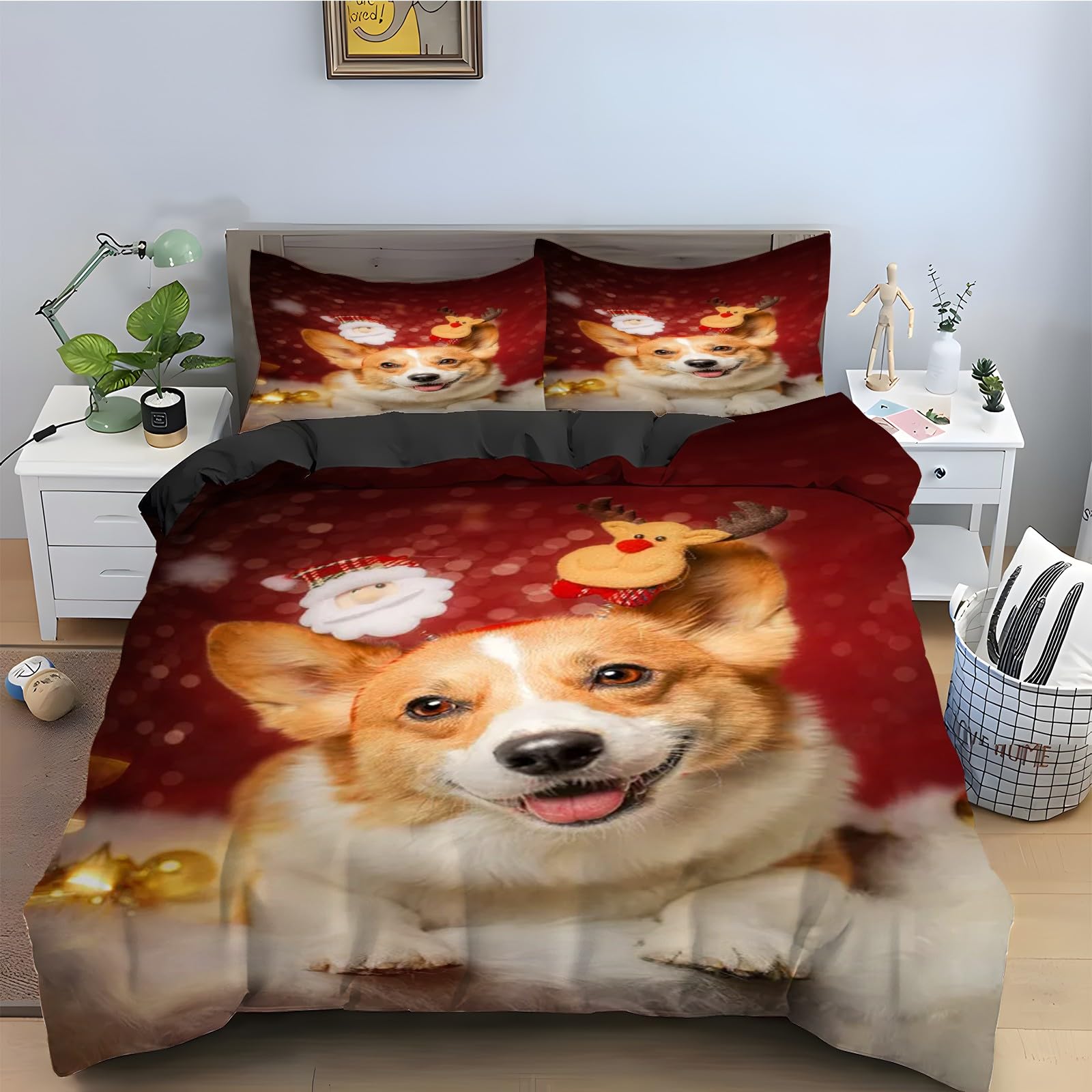 Parure de lit 90x190 Noël housse de couette chiot 3 pièces en microfibre zippée kz2660