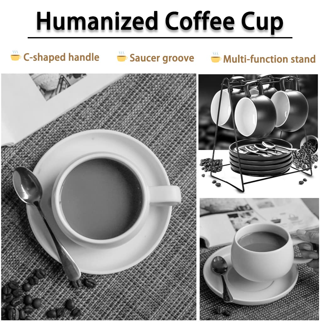 All-Pie Set di 4 tazze da caffè in ceramica con supporto per tazze da tè, impilabili, 210 ml, colore: bianco